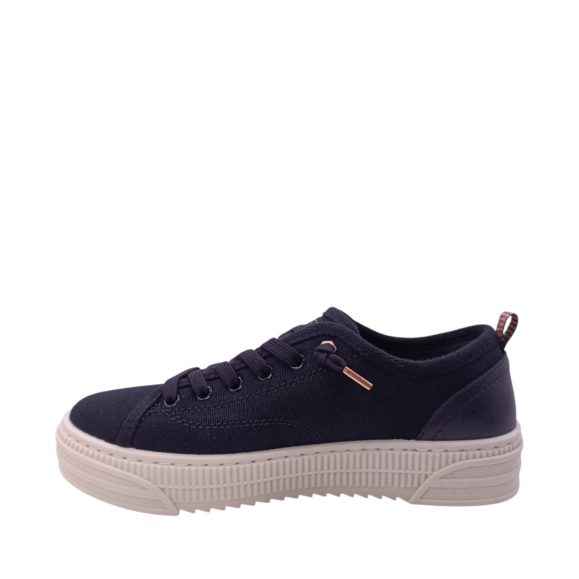 Side view of Bobs Copa Skechers sneaker. Black vegan sneaker with rose gold heel pull-tab and lace accents. White sole. Shop Womens Sneakers and Skechers Online and In-store with shoe&amp;me Mount Maunganui