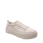 Front side angle view of Bobs Copa Skechers sneaker. White vegan sneaker with rose gold heel pull-tab and lace accents. White sole. Shop Womens White Sneaker and Skechers Online and In-store with shoe&me Mount Maunganui