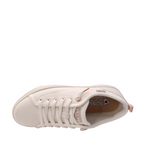 Top view of Bobs Copa Skechers sneaker. White vegan sneaker with rose gold heel pull-tab and lace accents. White sole. Shop Womens White Sneaker and Skechers Online and In-store with shoe&me Mount Maunganui