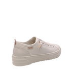 Back angle view of Bobs Copa Skechers sneaker. White vegan sneaker with rose gold heel pull-tab and lace accents. White sole. Shop Womens White Sneaker and Skechers Online and In-store with shoe&me Mount Maunganui