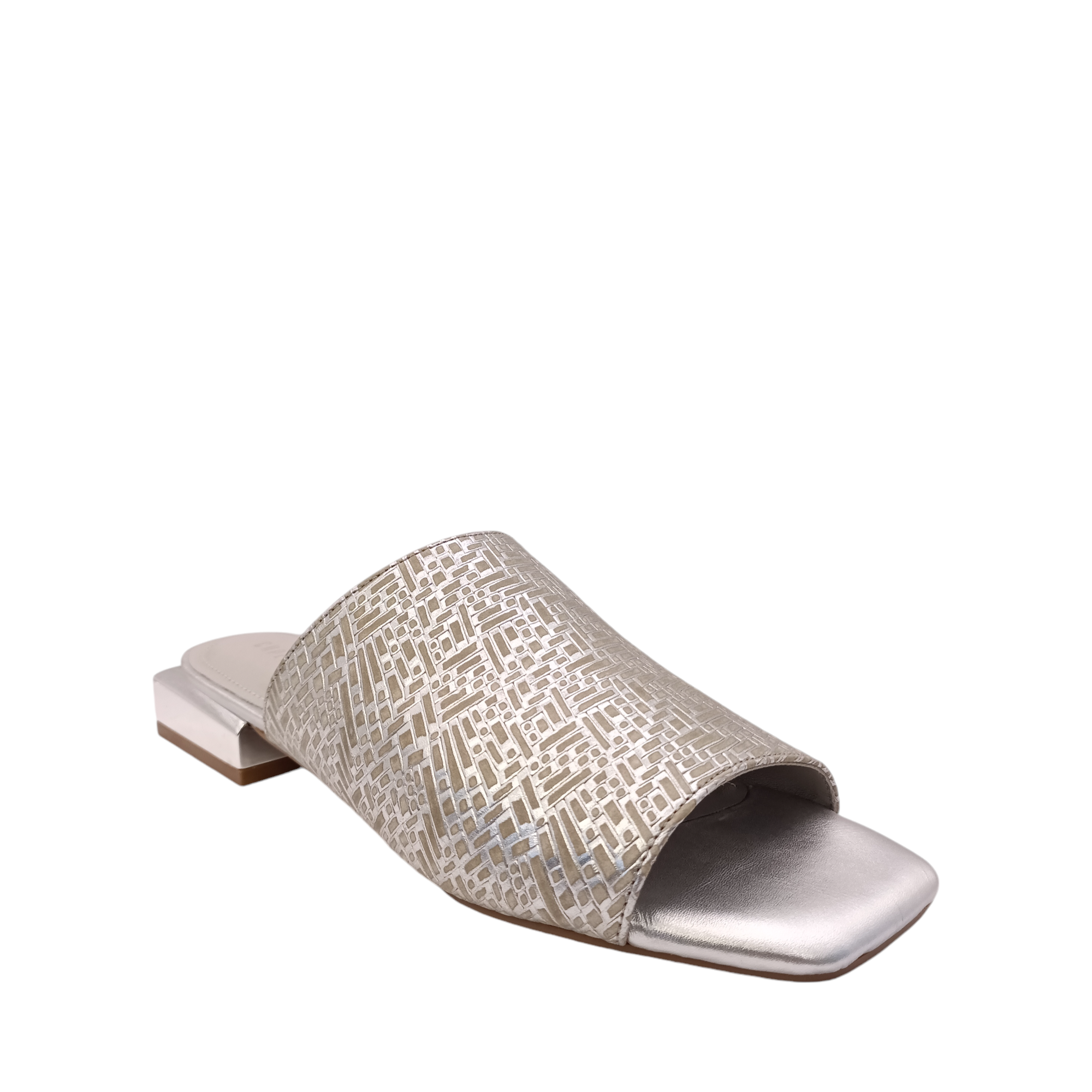 Side angled view of Chloe from Capelli Rossi. Ice Silver leather slide with a mirrored small square heel. Weave look printed on the upper. Shop Womens Slip-on Slides online and in-store with shoe&me Mount Maunganui NZ