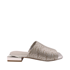 View from the side of Chloe from Capelli Rossi. Ice Silver leather slide with a mirrored small square heel. Weave look printed on the upper. Shop Womens Slip-on Slides online and in-store with shoe&me Mount Maunganui NZ