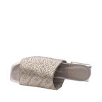 View from the top of Chloe from Capelli Rossi. Ice Silver leather slide with a mirrored small square heel. Weave look printed on the upper. Shop Womens Slip-on Slides online and in-store with shoe&me Mount Maunganui NZ