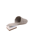 View from the back angle of Chloe from Capelli Rossi. Ice Silver leather slide with a mirrored small square heel. Weave look printed on the upper. Shop Womens Slip-on Slides online and in-store with shoe&me Mount Maunganui NZ