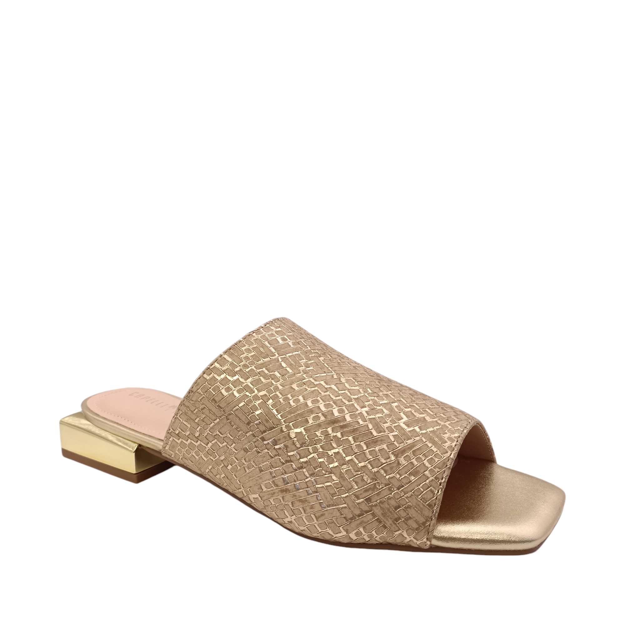 Side angled view of Chloe from Capelli Rossi. Gold leather slide with a mirrored small square heel. Weave look printed on the upper. Shop Womens Slip-on Slides online and in-store with shoe&me Mount Maunganui NZ