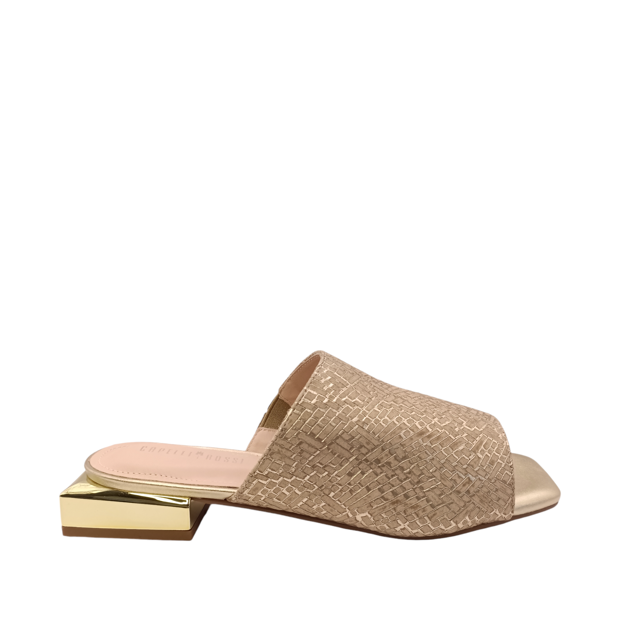 View from the sole of Chloe from Capelli Rossi. Gold leather slide with a mirrored small square heel. Weave look printed on the upper. Shop Womens Slip-on Slides online and in-store with shoe&me Mount Maunganui NZ