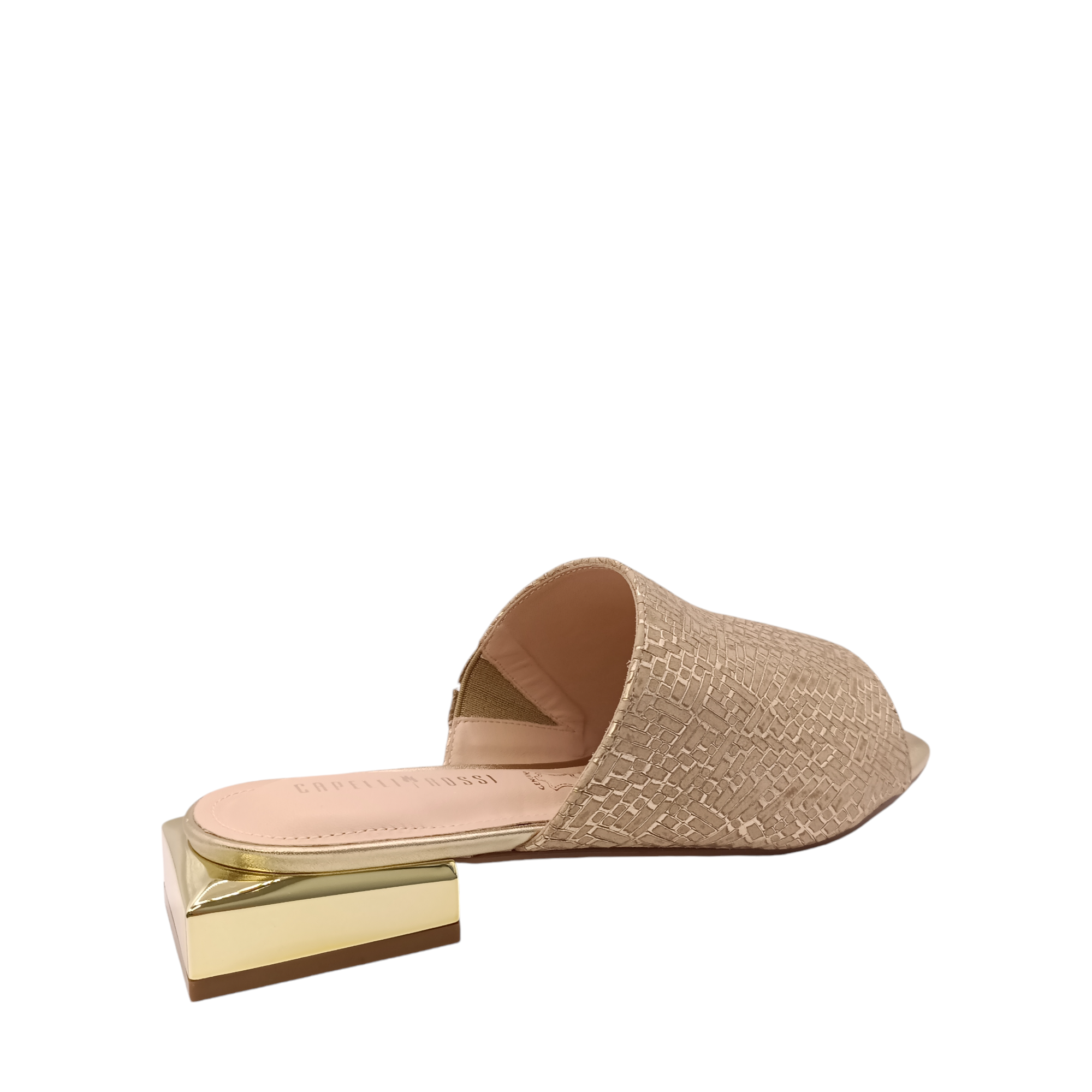 Back angled view of Chloe from Capelli Rossi. Gold leather slide with a mirrored small square heel. Weave look printed on the upper. Shop Womens Slip-on Slides online and in-store with shoe&me Mount Maunganui NZ