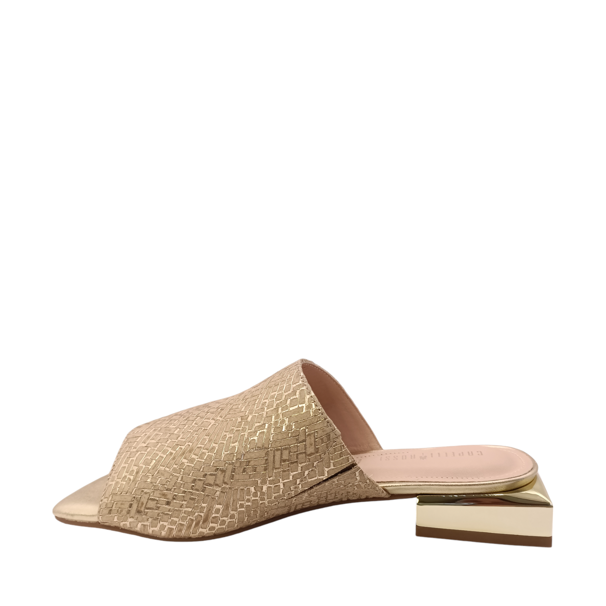 View from the side of Chloe from Capelli Rossi. Gold leather slide with a mirrored small square heel. Weave look printed on the upper. Shop Womens Slip-on Slides online and in-store with shoe&me Mount Maunganui NZ