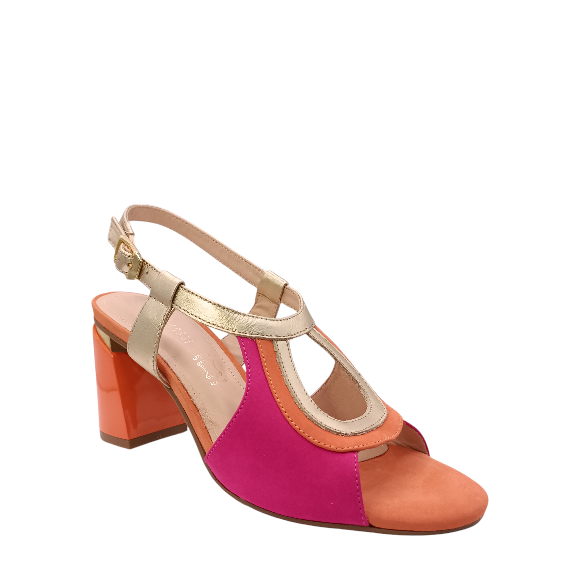 Side angled view of Ciara from Capelli Rossi. Bright pink suede, orange and gold smooth leather heel with an adjustable ankle strap. Shop womens heels with shoe&me Mount Maunganui NZ