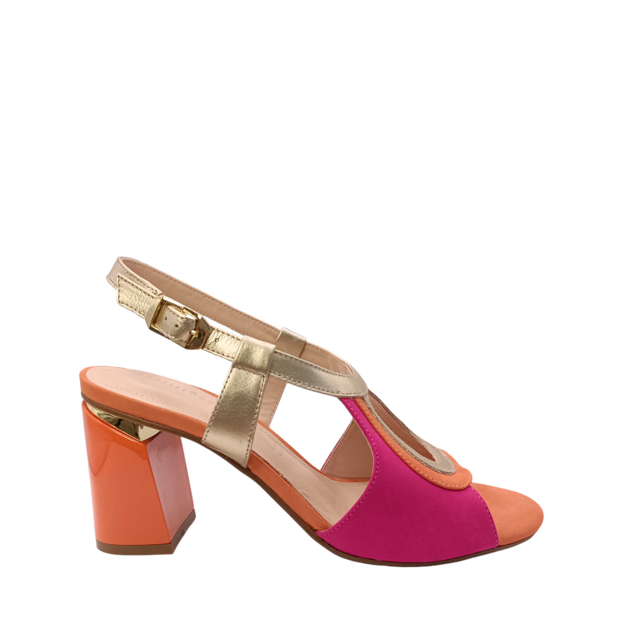 Side view of Ciara from Capelli Rossi. Bright pink suede, orange and gold smooth leather heel with an adjustable ankle strap. Shop womens heels with shoe&me Mount Maunganui NZ