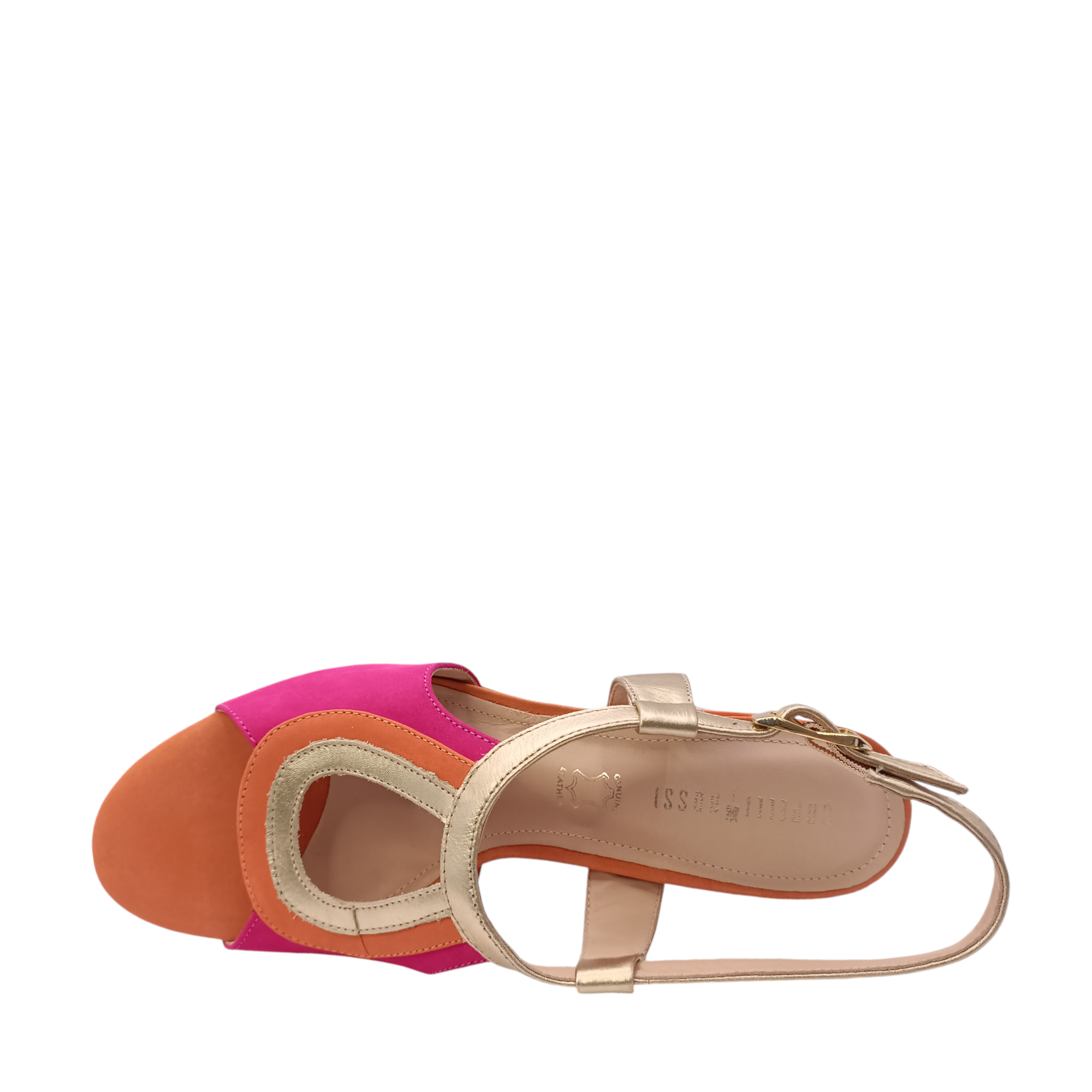 Top view of Ciara from Capelli Rossi. Bright pink suede, orange and gold smooth leather heel with an adjustable ankle strap. Shop womens heels with shoe&me Mount Maunganui NZ