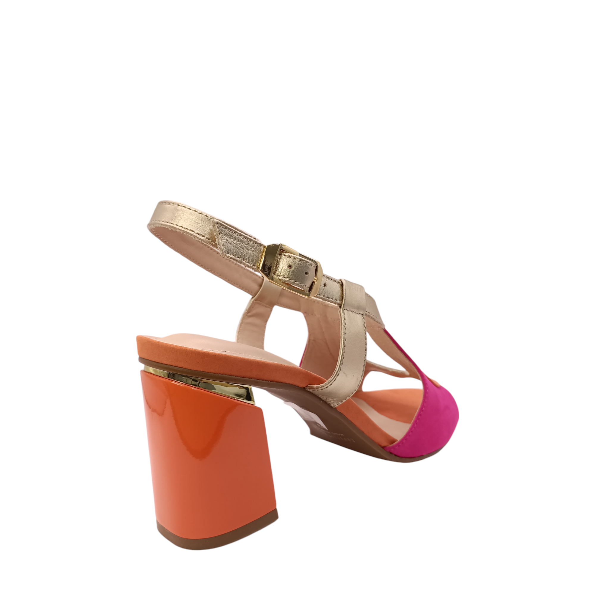 Side back view of Ciara from Capelli Rossi. Bright pink suede, orange and gold smooth leather heel with an adjustable ankle strap. Shop womens heels with shoe&me Mount Maunganui NZ