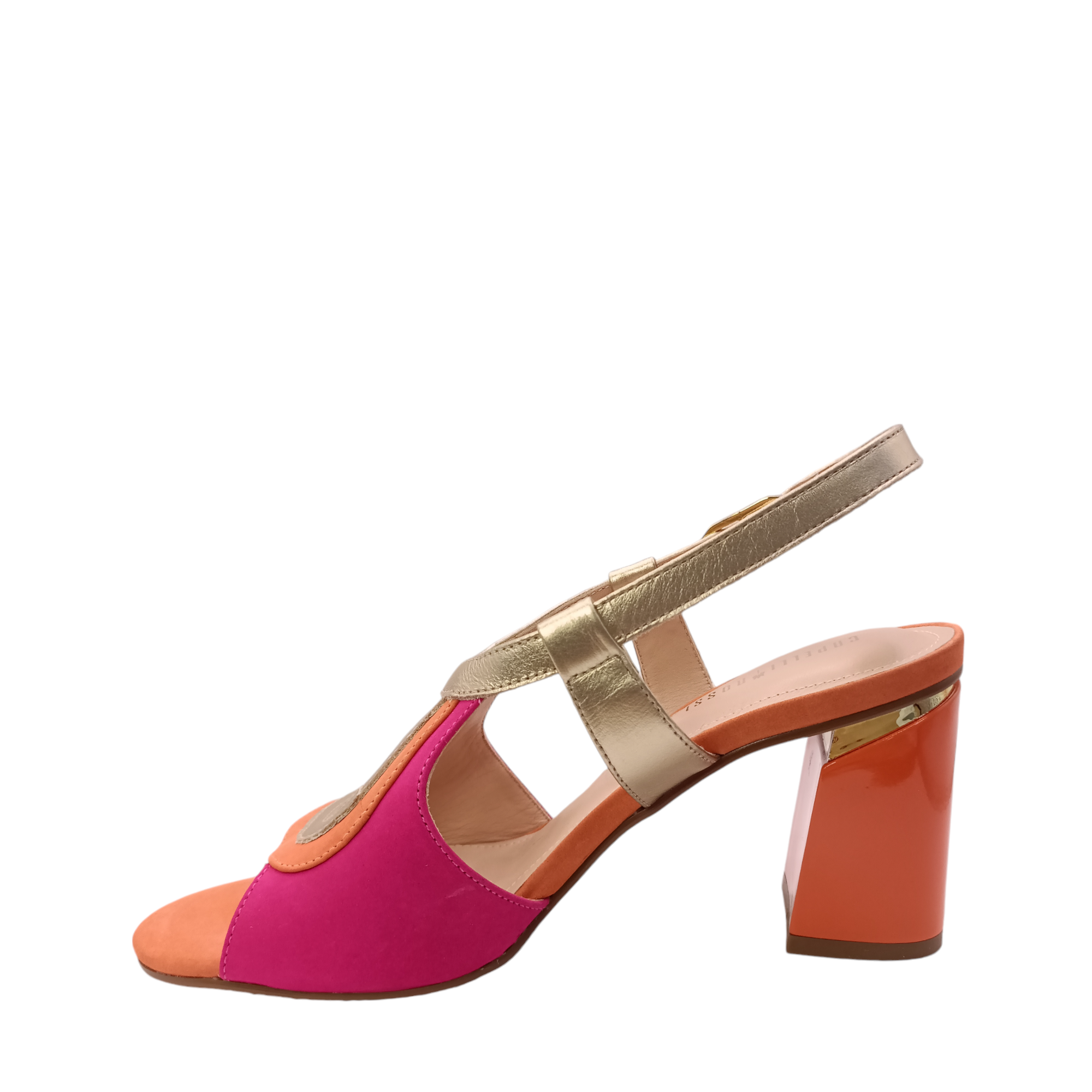 Side view of Ciara from Capelli Rossi. Bright pink suede, orange and gold smooth leather heel with an adjustable ankle strap. Shop womens heels with shoe&me Mount Maunganui NZ