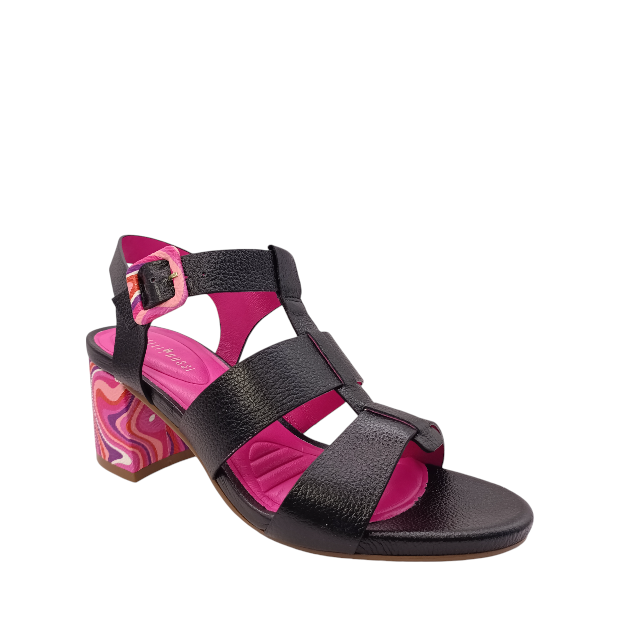 Front angled view of Colette from Capelli Rossi. Black leather heel with a bright swirl coloured block heel of pinks and purple with a matching buckle. Shop womens heels with shoe&me Mount Maunganui NZ