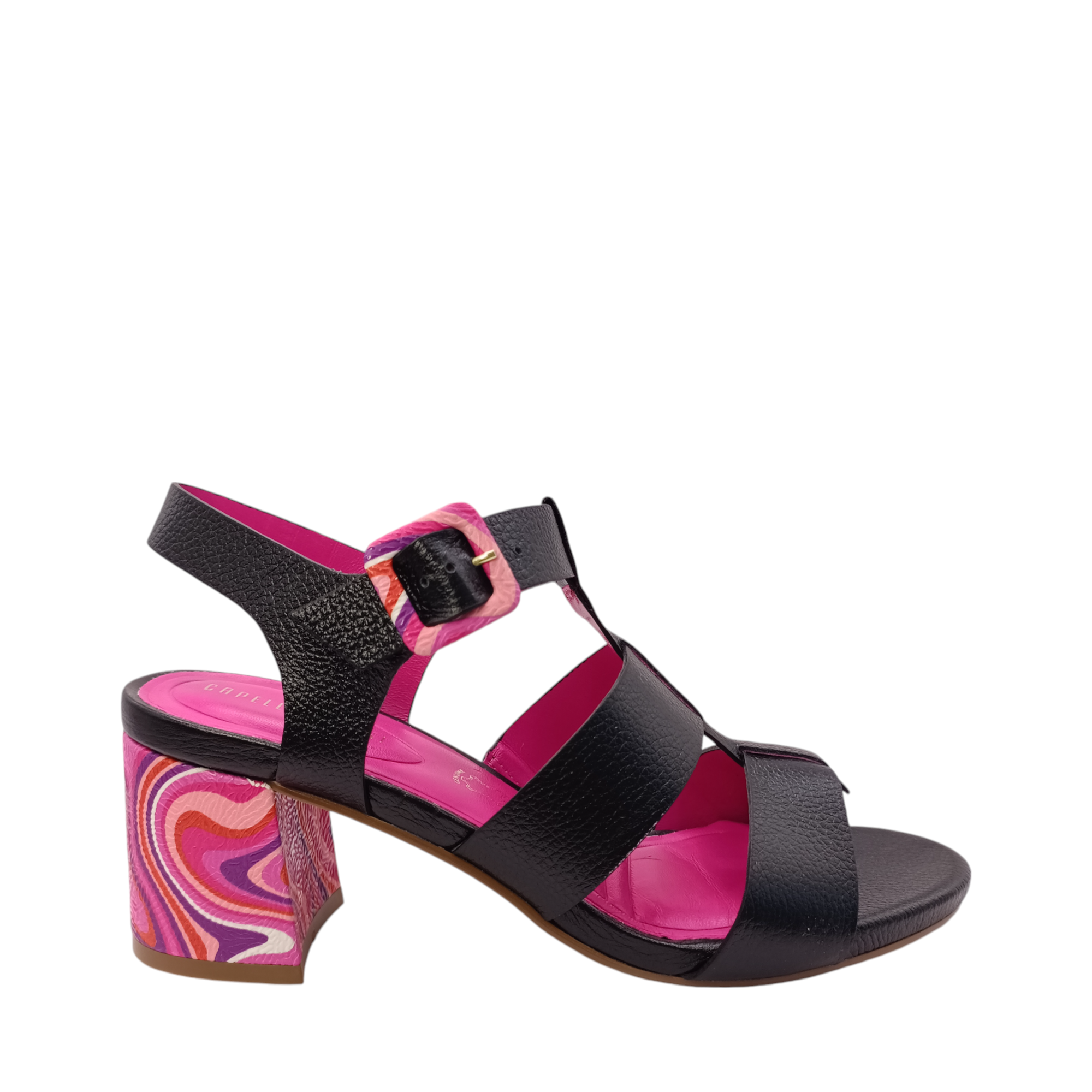 Side view of the sandal Colette from Capelli Rossi. Black leather heel with a bright swirl coloured block heel of pinks and purple with a matching buckle. Three black leather straps over the sandal with a join down the middle black. Shop womens heels with shoe&me Mount Maunganui NZ