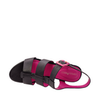 Top of the sandal view of Colette from Capelli Rossi. Black leather heel with a bright swirl coloured block heel of pinks and purple with a matching buckle. Three black leather straps over the sandal with a join down the middle black. Shop womens heels with shoe&me Mount Maunganui NZ