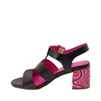 Side view of Colette from Capelli Rossi. Black leather heel with a bright swirl coloured block heel of pinks and purple with a matching buckle. Shop womens heels with shoe&me Mount Maunganui NZ