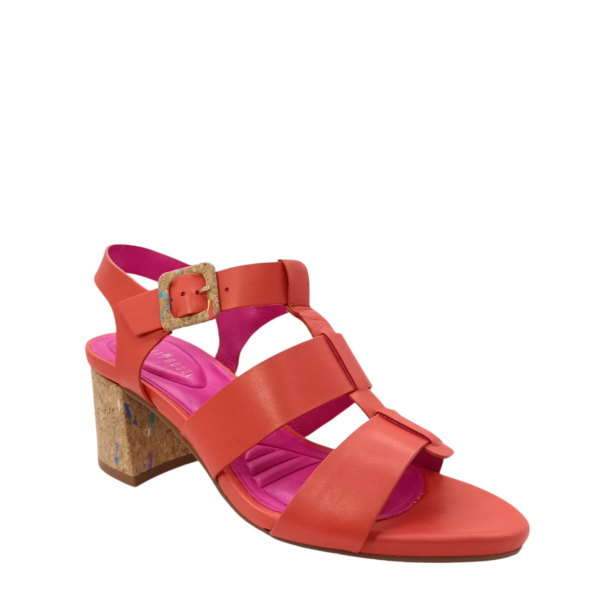 Front angled view of Colette from Capelli Rossi. Orange leather heel with a cork speckled with colour block heel. Three orange leather straps over the sandal with a join down the middle. Lined with pink leather. Shop womens heels with shoe&me Mount Maunganui NZ