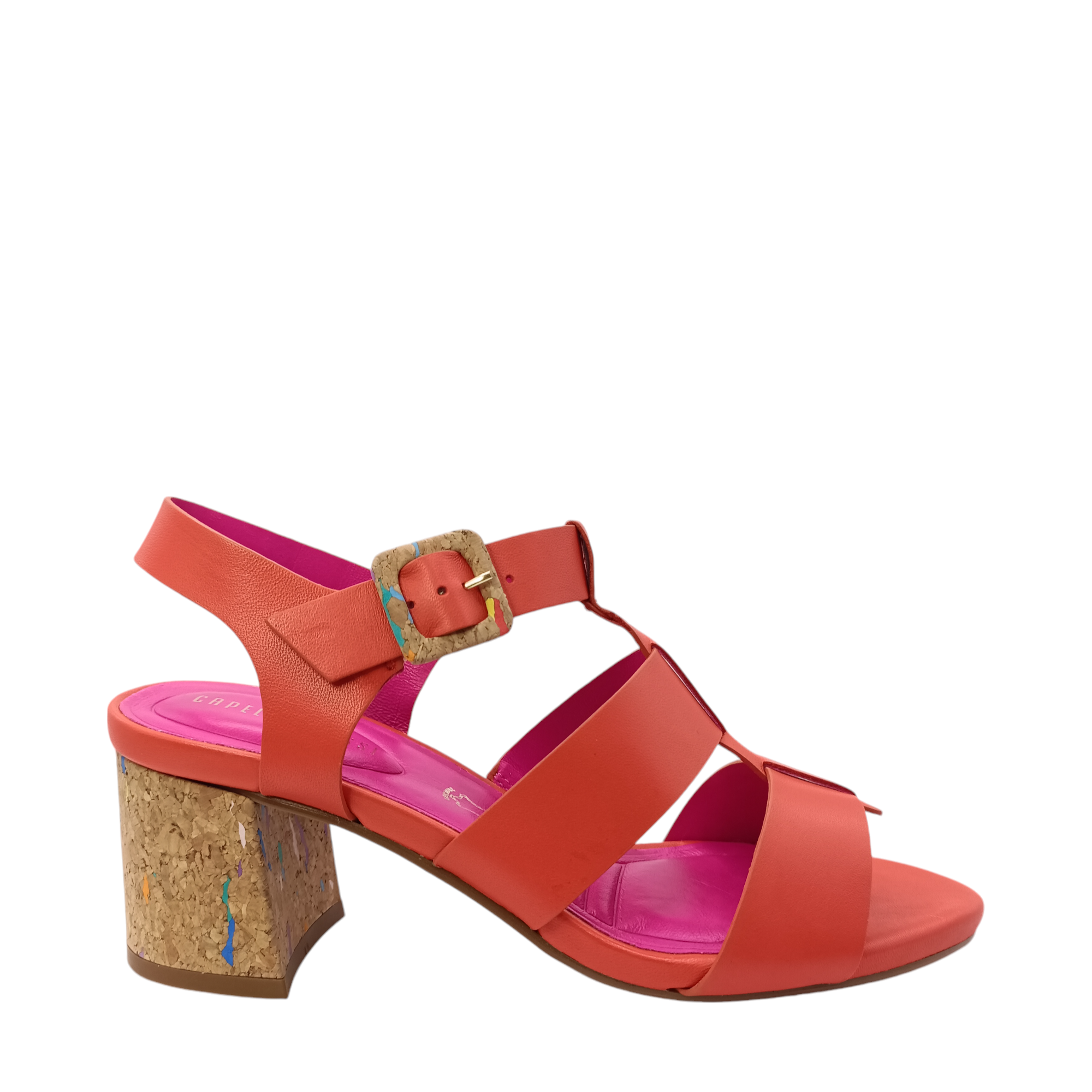 Side view of Colette from Capelli Rossi. Orange leather heel with a cork speckled with colour block heel. Three orange leather straps over the sandal with a join down the middle. Lined with pink leather. Shop womens heels with shoe&amp;me Mount Maunganui NZ