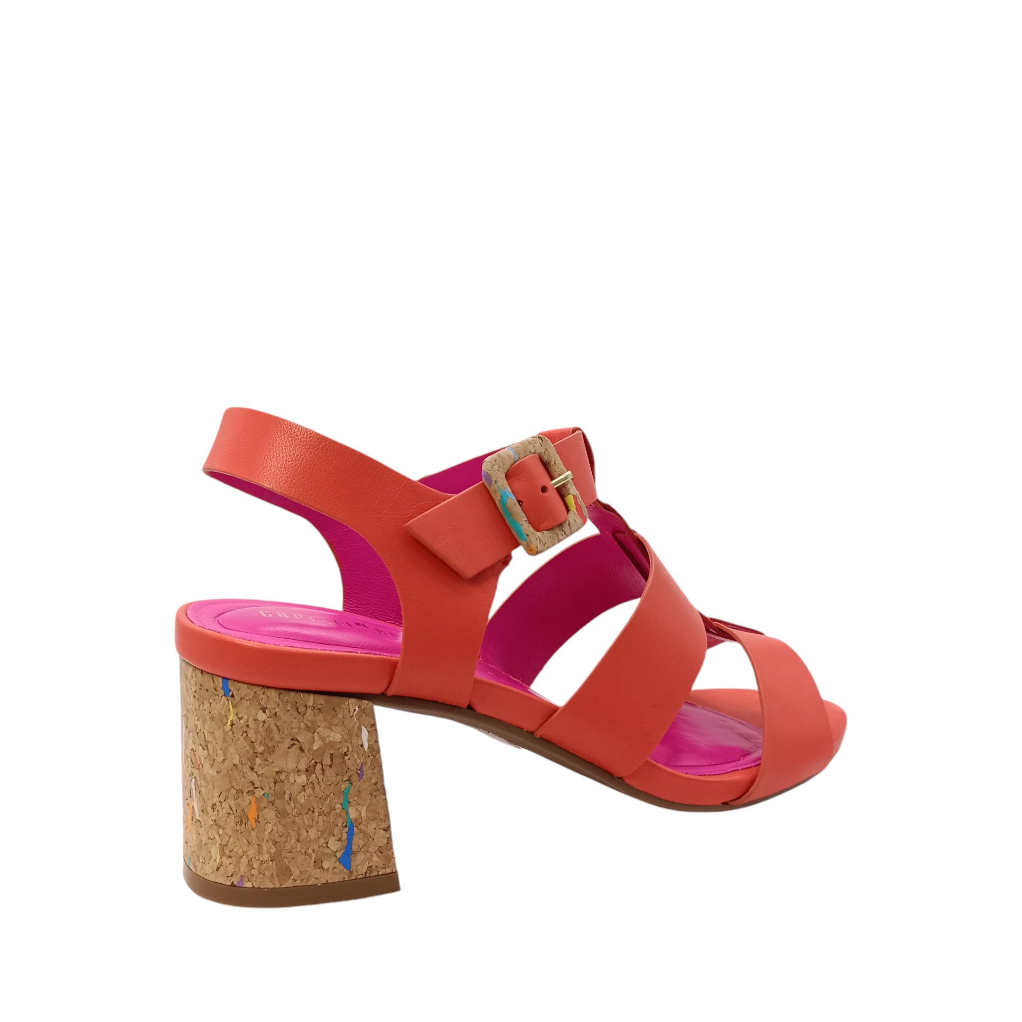 Back angled view of Colette from Capelli Rossi. Orange leather heel with a cork speckled with colour block heel. Three orange leather straps over the sandal with a join down the middle. Lined with pink leather. Shop womens heels with shoe&amp;me Mount Maunganui NZ