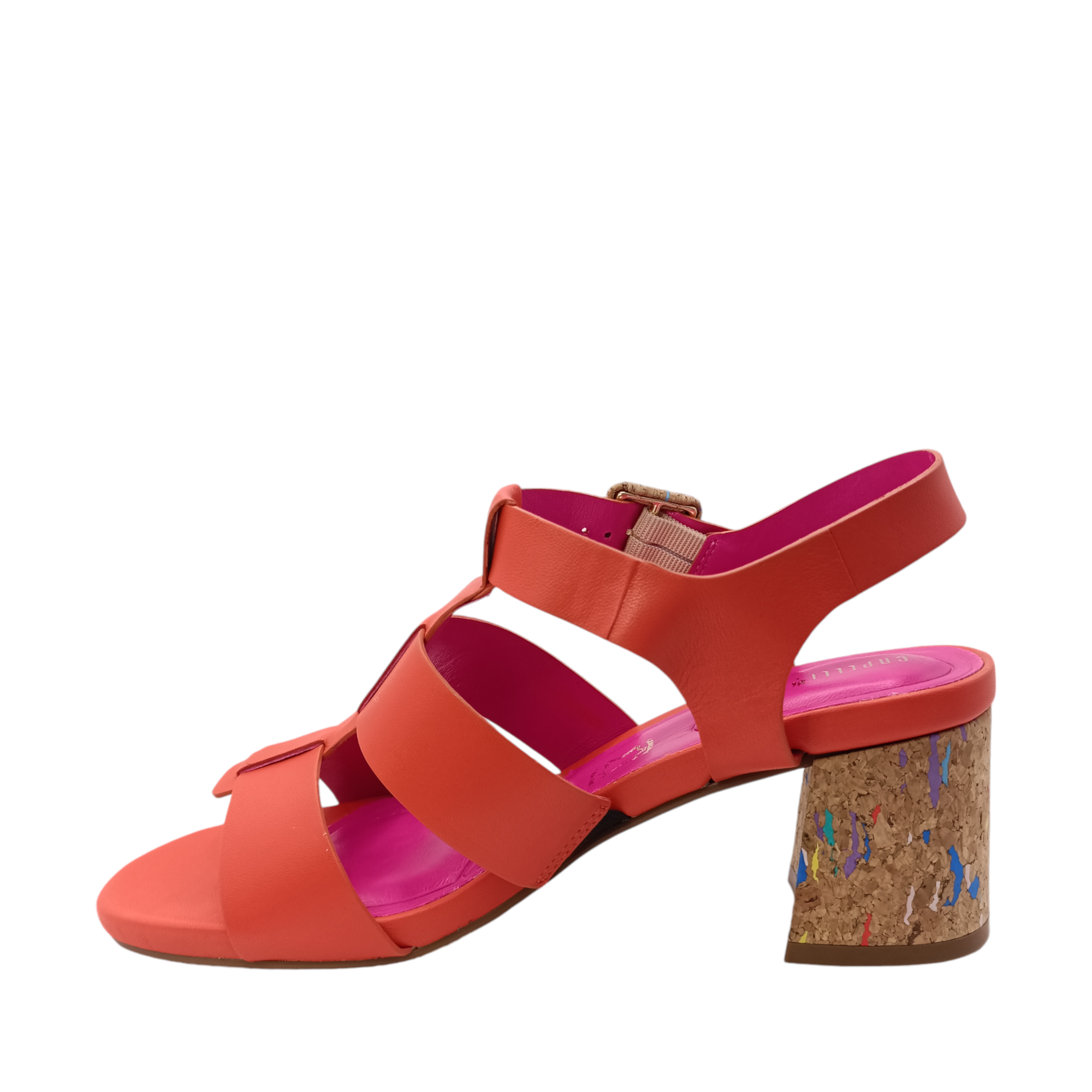 Sole view of Colette from Capelli Rossi. Orange leather heel with a cork speckled with colour block heel. Three orange leather straps over the sandal with a join down the middle. Lined with pink leather. Shop womens heels with shoe&amp;me Mount Maunganui NZ