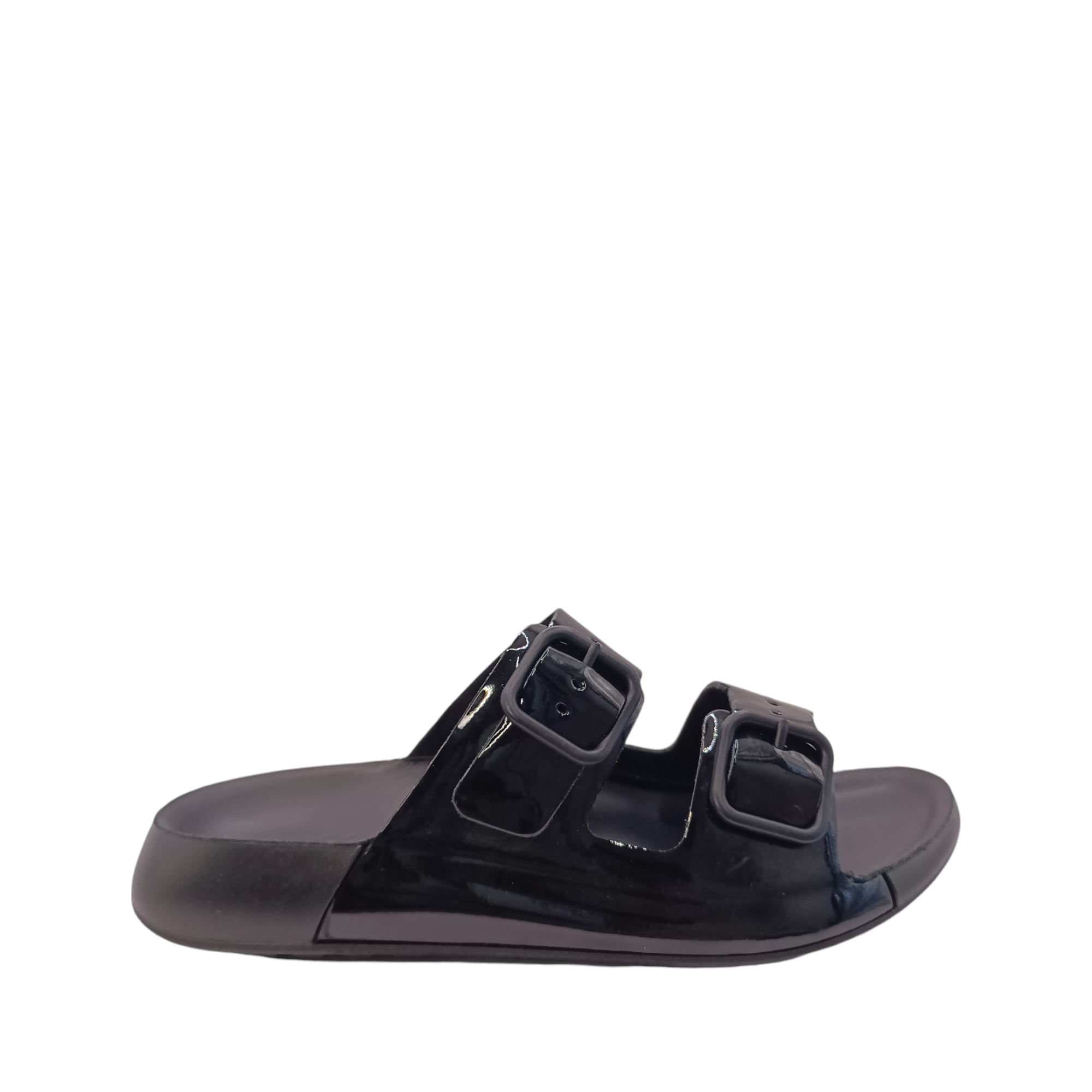 Side view of Cozmo Buckle Slide Womens Ecco. Black patent leather lined slide with 2 adjustable straps over the top of the foot. Shop Womens summer slides and sandals online and in-store with shoe&amp;me Mount Maunganui NZ
