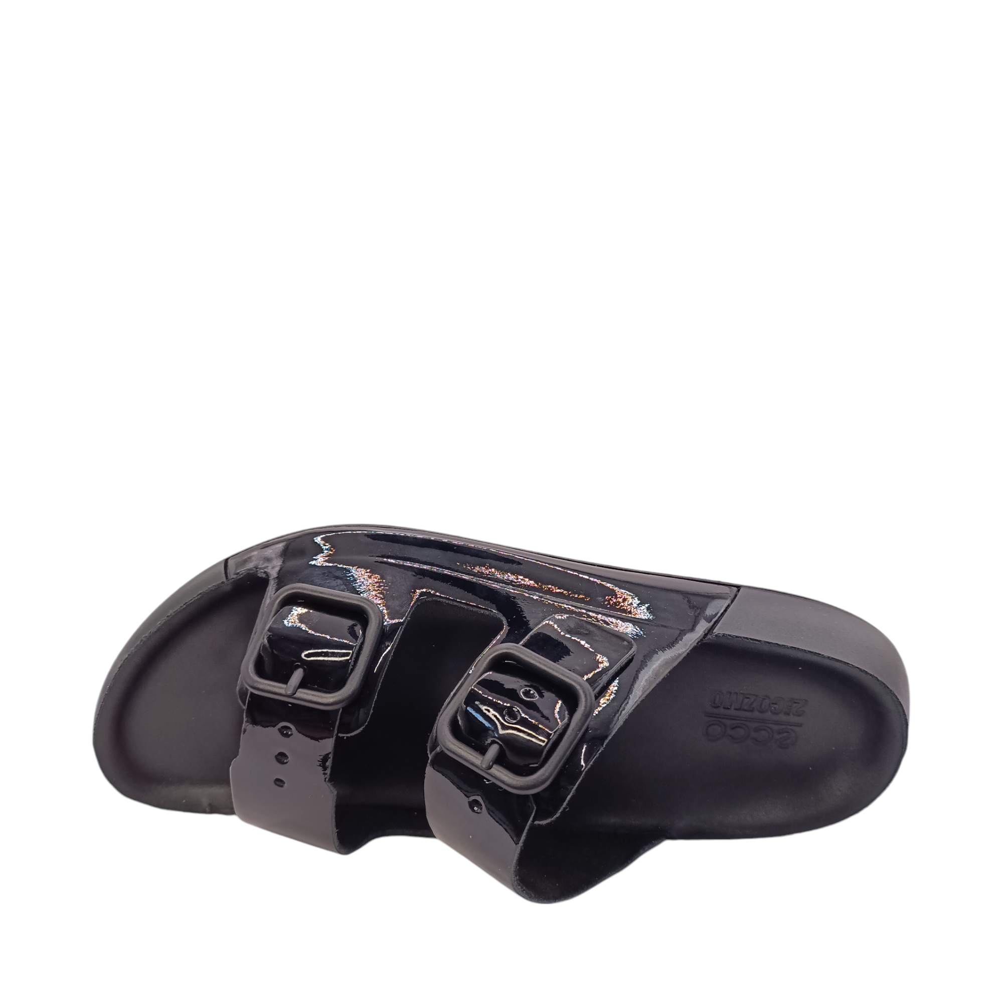 Top view of Cozmo Buckle Slide Womens Ecco. Black patent leather lined slide with 2 adjustable straps over the top of the foot. Shop Womens summer slides and sandals online and in-store with shoe&amp;me Mount Maunganui NZ