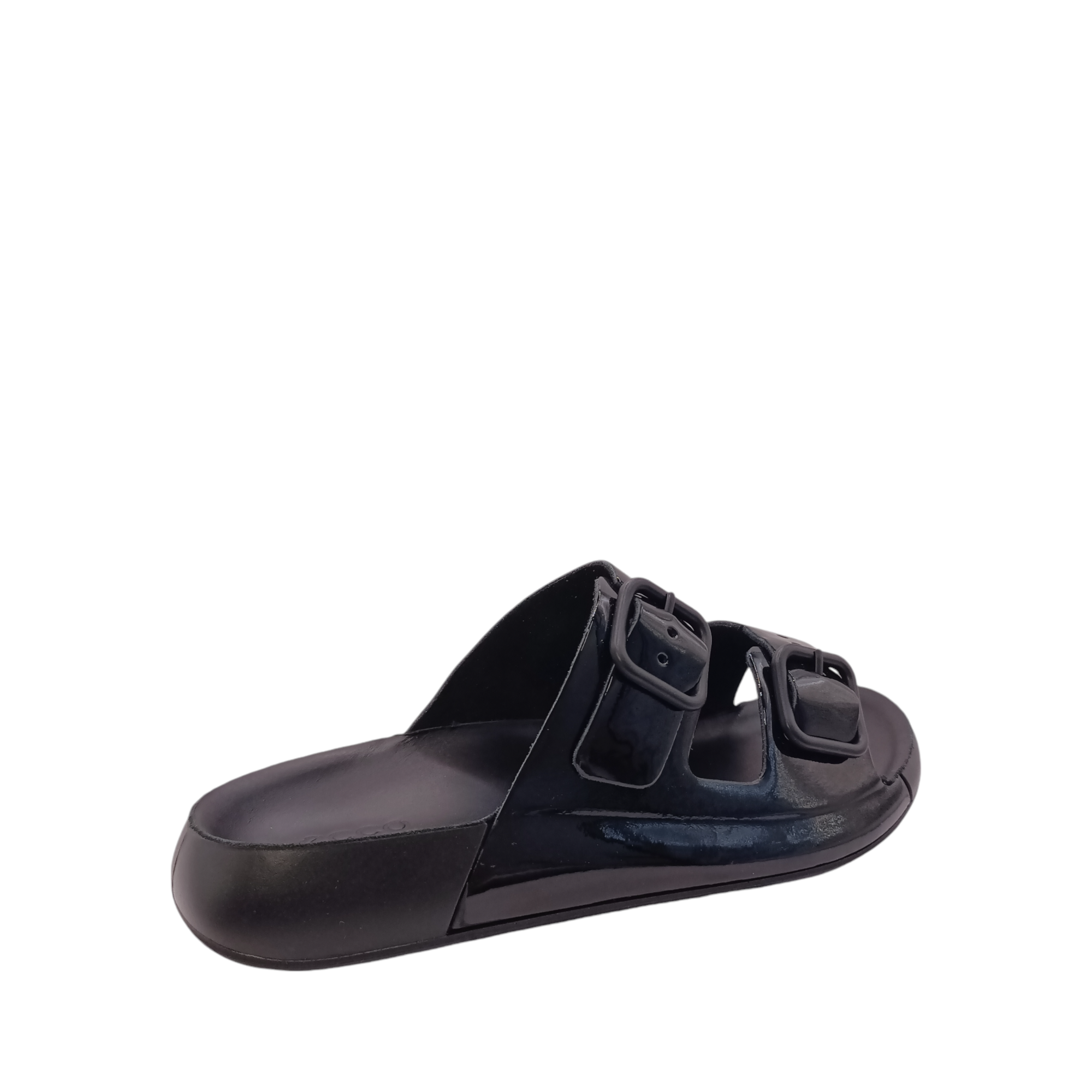 Back side view of Cozmo Buckle Slide Womens Ecco. Black patent leather lined slide with 2 adjustable straps over the top of the foot. Shop Womens summer slides and sandals online and in-store with shoe&amp;me Mount Maunganui NZ