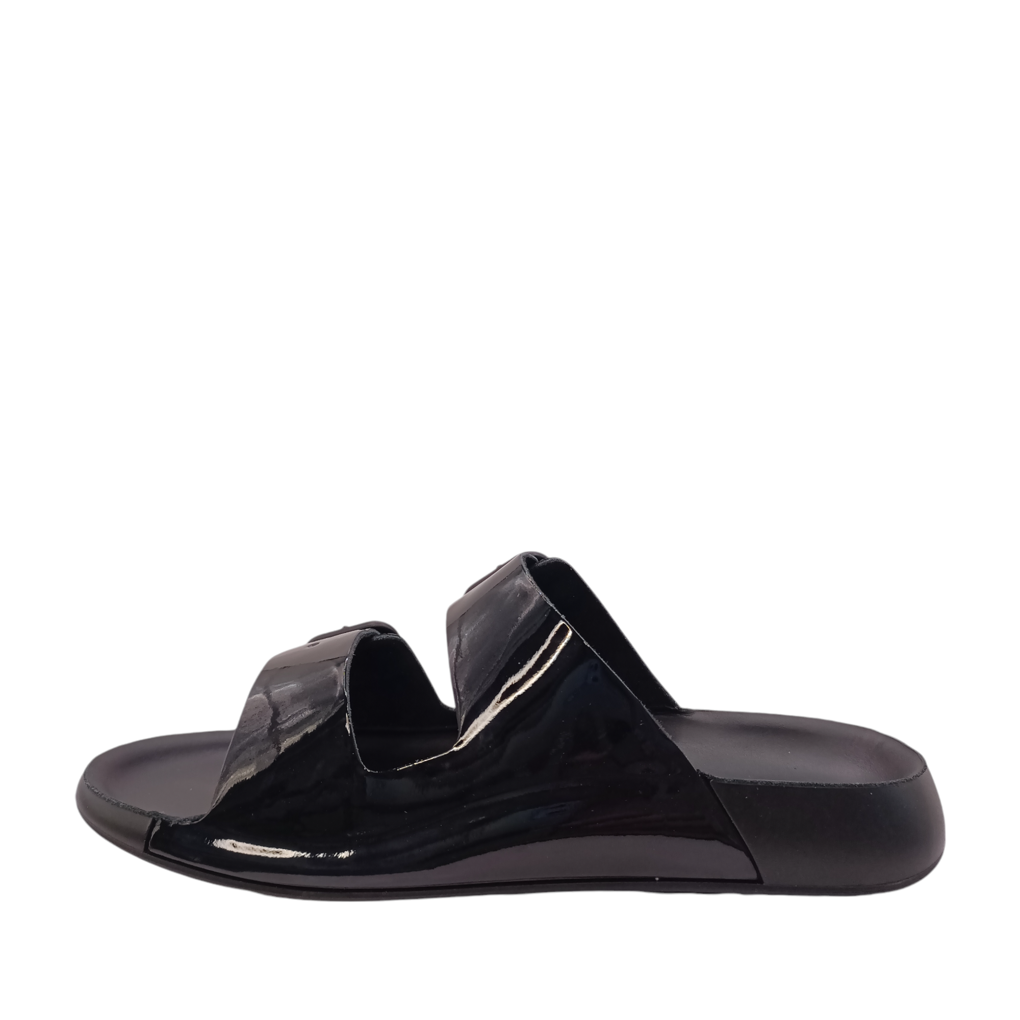 Side view of Cozmo Buckle Slide Womens Ecco. Black patent leather lined slide with 2 adjustable straps over the top of the foot. Shop Womens summer slides and sandals online and in-store with shoe&amp;me Mount Maunganui NZ