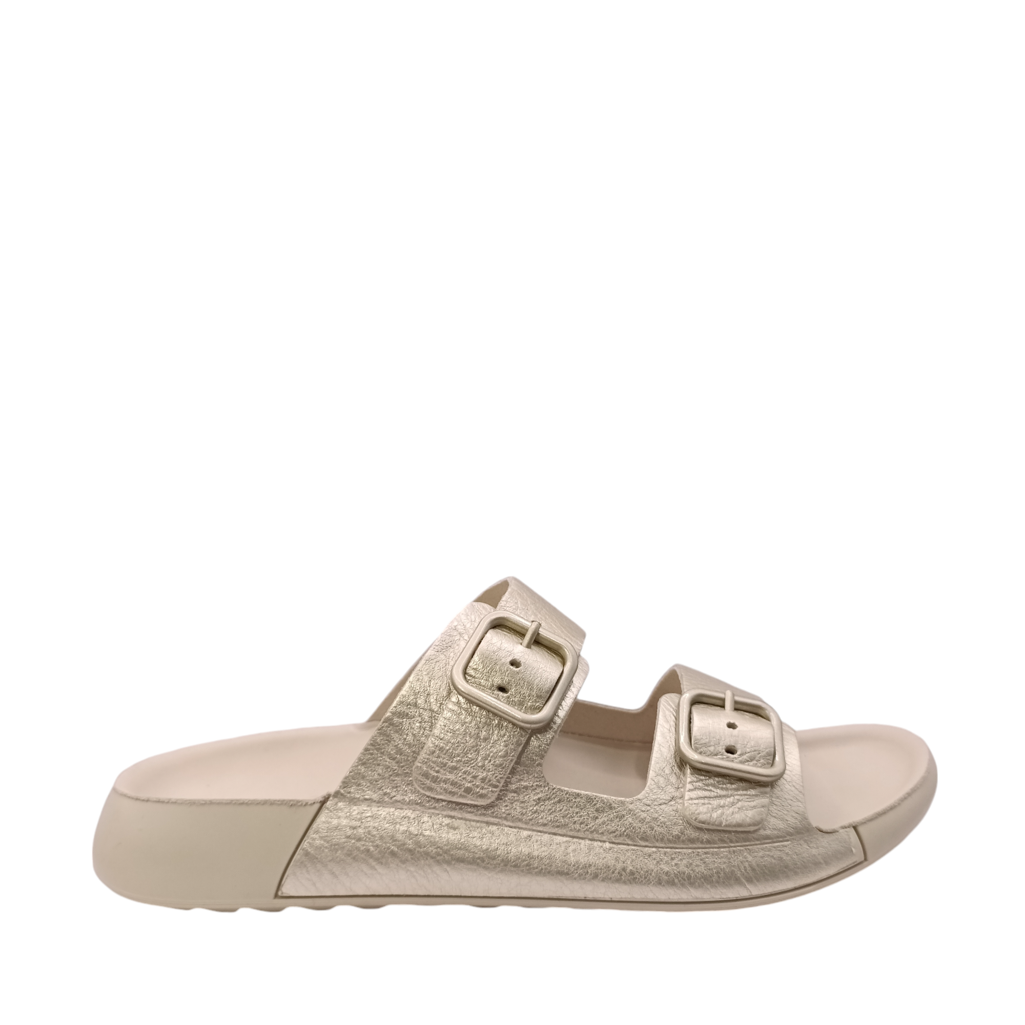 Side view of Cozmo Buckle Slide Womens Ecco. Bone coloured sole and 2 straps over the top of the foot in a soft gold leather. Adjustable two-strap slide sandal perfect for summer. Shop Womens summer slides and sandals online and in-store with shoe&amp;me Mount Maunganui NZ