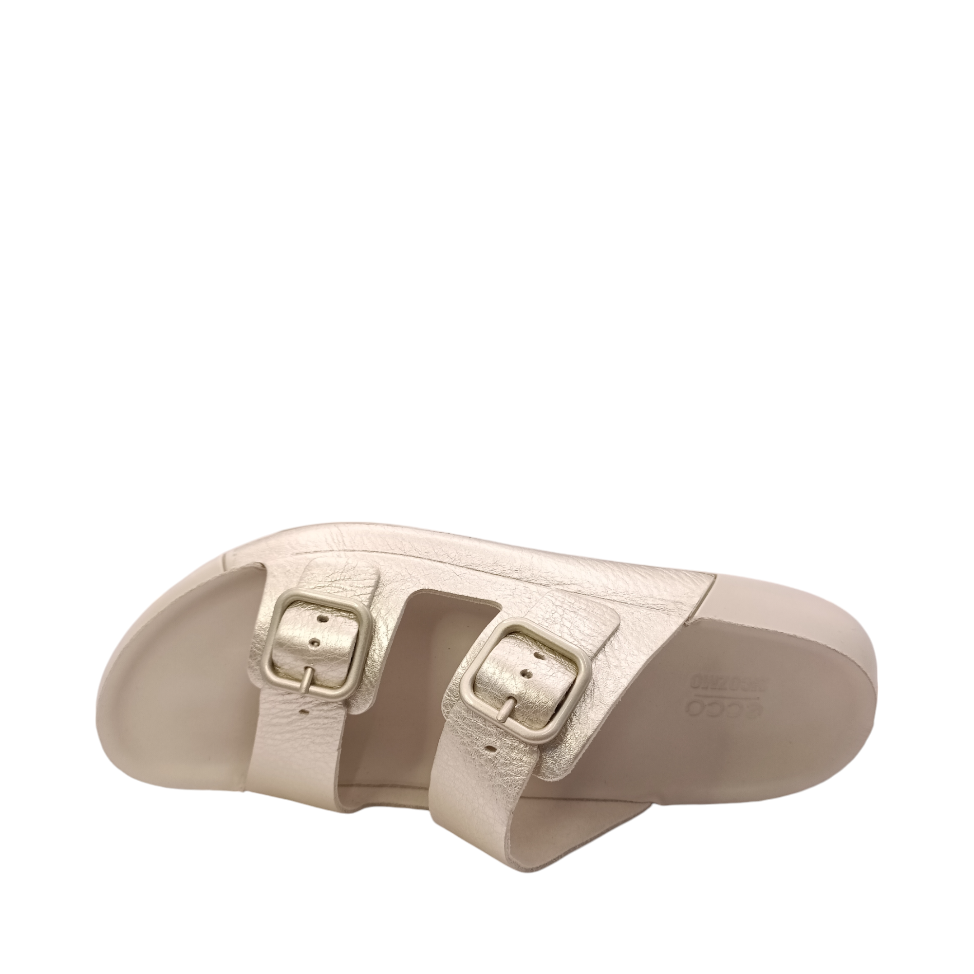 Top view of Cozmo Buckle Slide Womens Ecco. Bone coloured sole and 2 straps over the top of the foot in a soft gold leather. Adjustable two-strap slide sandal perfect for summer. Shop Womens summer slides and sandals online and in-store with shoe&amp;me Mount Maunganui NZ