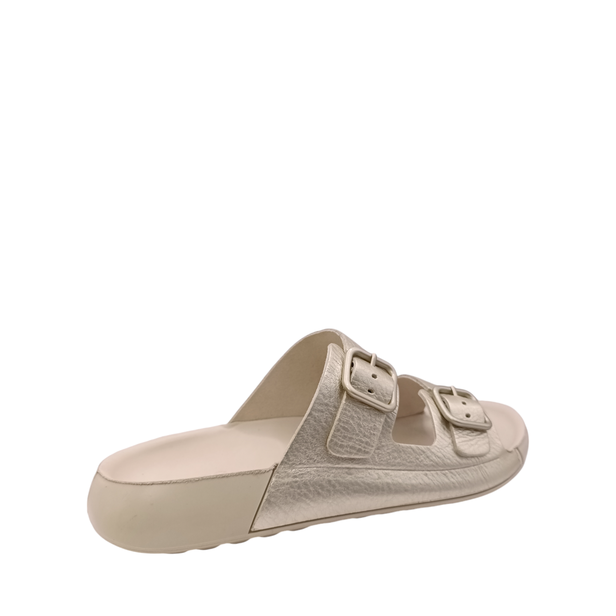 Side view of Cozmo Buckle Slide Womens Ecco. Bone coloured sole and 2 straps over the top of the foot in a soft gold leather. Adjustable two-strap slide sandal perfect for summer. Shop Womens summer slides and sandals online and in-store with shoe&amp;me Mount Maunganui NZ