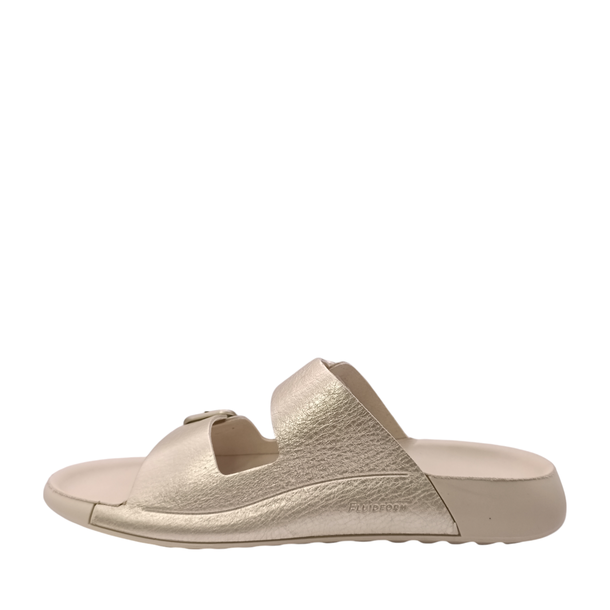 Side view of Cozmo Buckle Slide Womens Ecco. Bone coloured sole and 2 straps over the top of the foot in a soft gold leather. Adjustable two-strap slide sandal perfect for summer. Shop Womens summer slides and sandals online and in-store with shoe&amp;me Mount Maunganui NZ