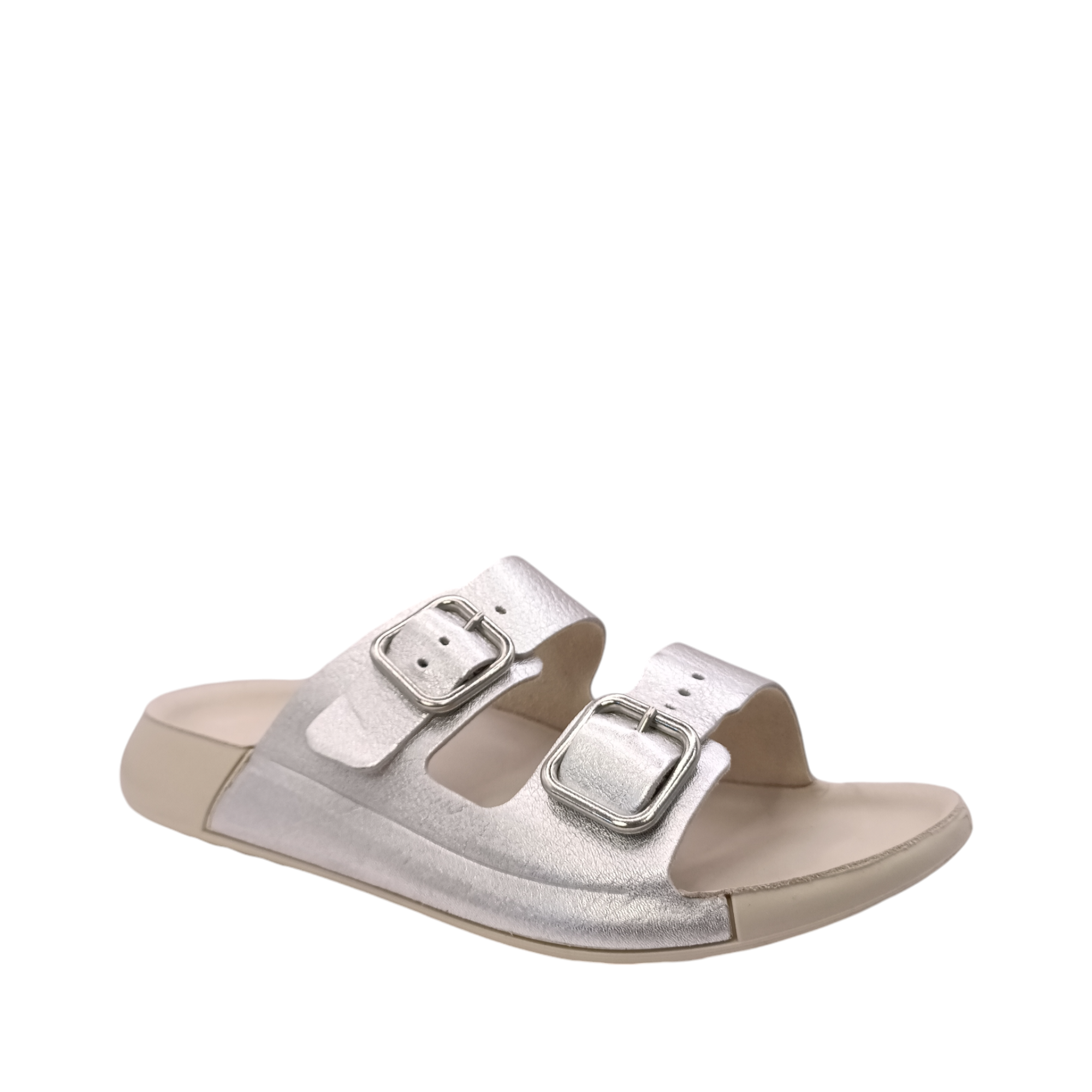 Side view of Cozmo Buckle Slide Womens Ecco. Bone coloured sole and 2 straps over the top of the foot in a soft silver leather. Adjustable two-strap slide sandal perfect for summer. Shop Womens summer slides and sandals online and in-store with shoe&me Mount Maunganui NZ