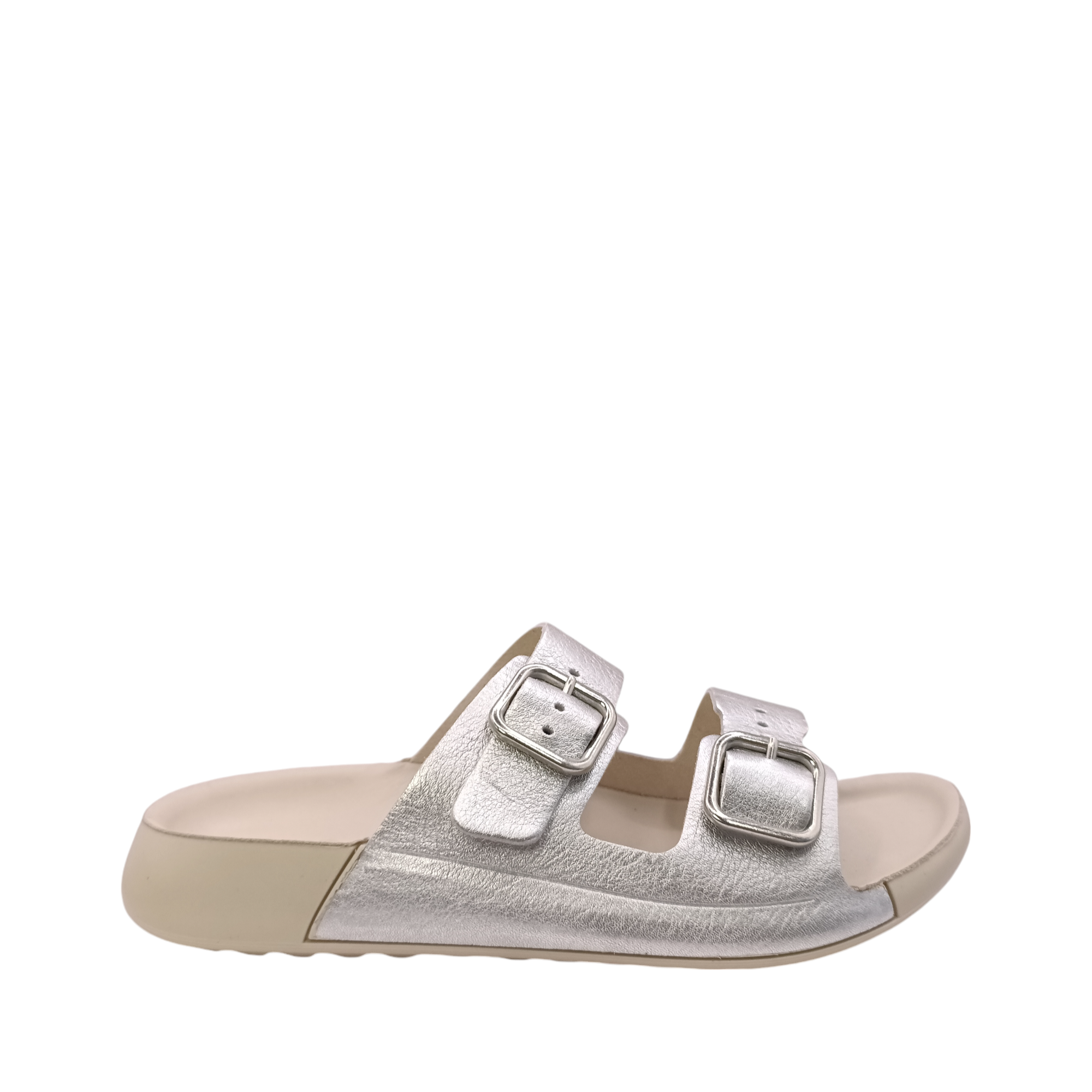 Side view of Cozmo Buckle Slide Womens Ecco. Bone coloured sole and 2 straps over the top of the foot in a soft silver leather. Adjustable two-strap slide sandal perfect for summer. Shop Womens summer slides and sandals online and in-store with shoe&amp;me Mount Maunganui NZ