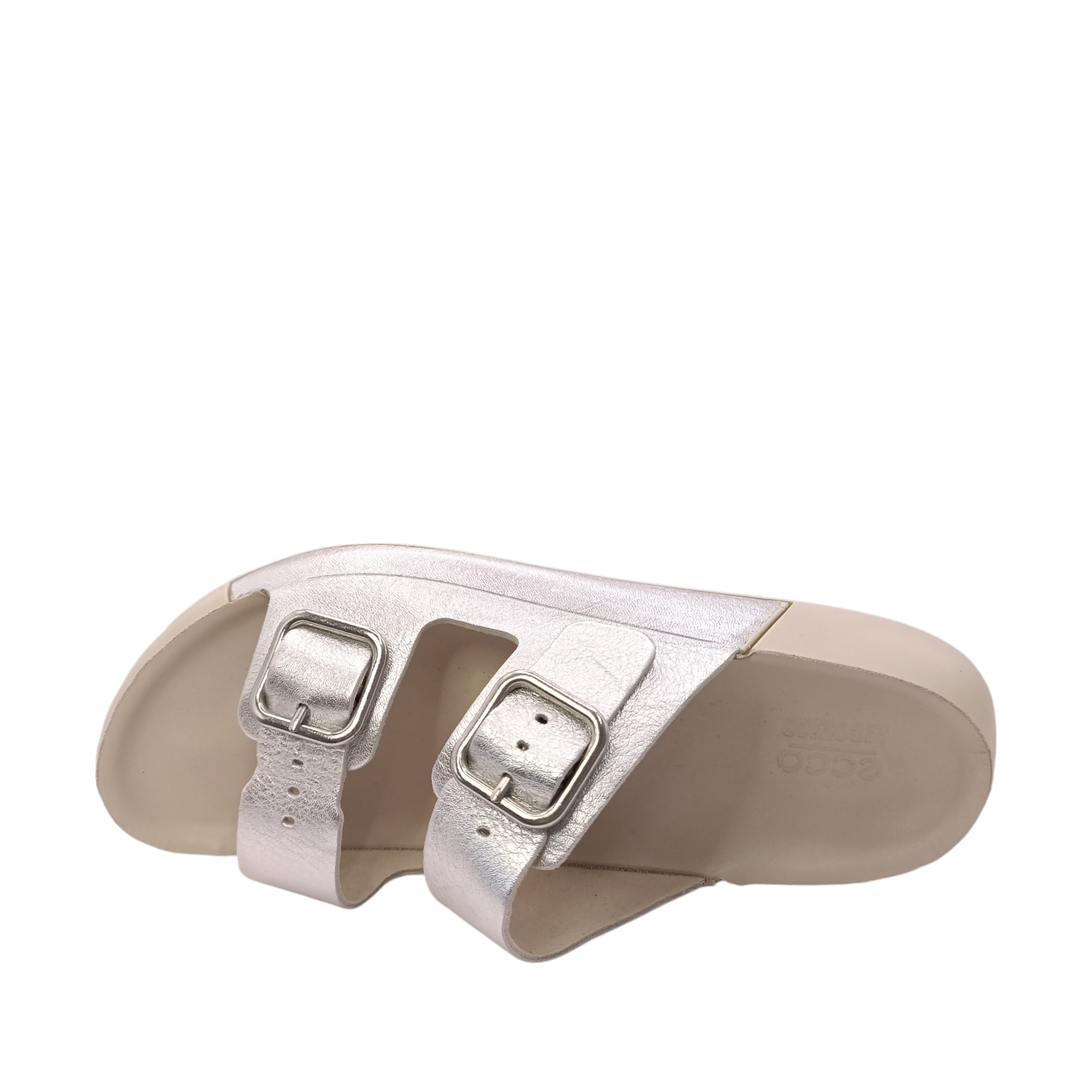 Top view of Cozmo Buckle Slide Womens Ecco. Bone coloured sole and 2 straps over the top of the foot in a soft silver leather. Adjustable two-strap slide sandal perfect for summer. Shop Womens summer slides and sandals online and in-store with shoe&amp;me Mount Maunganui NZ