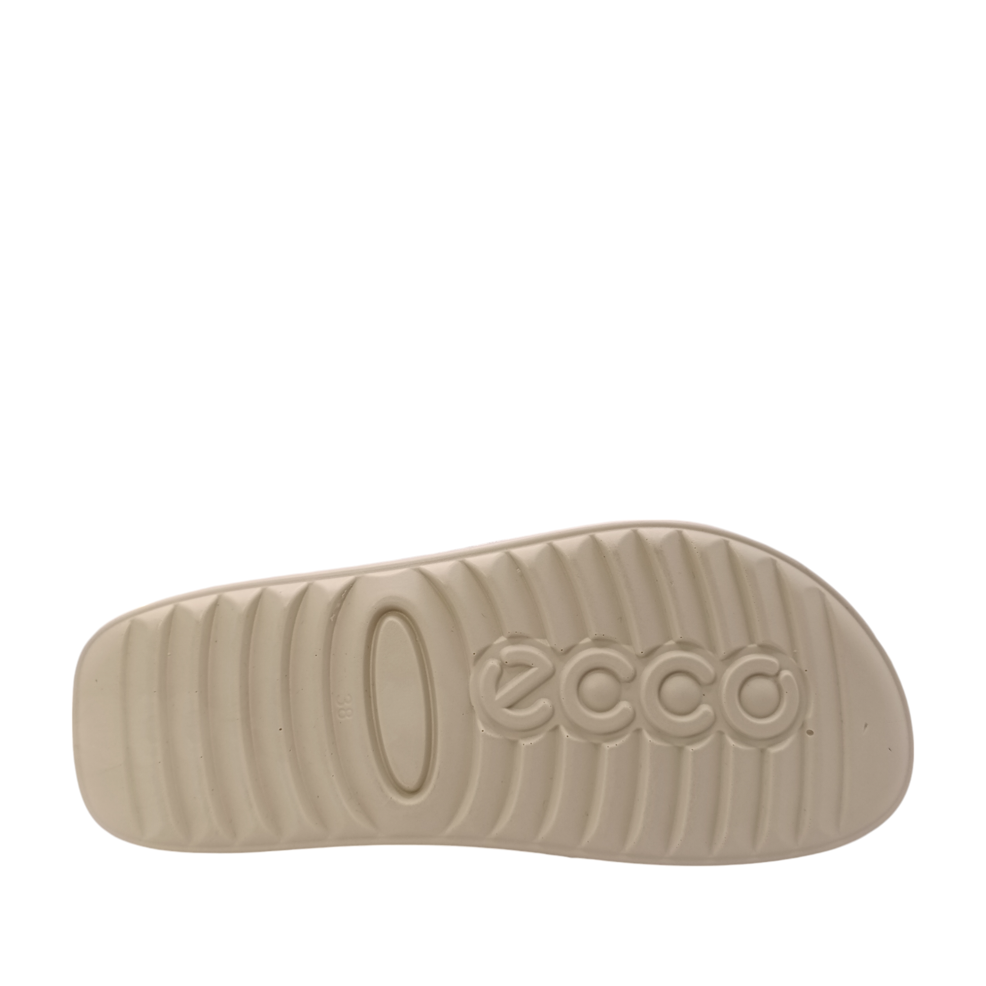 Side view of Cozmo Buckle Slide Womens Ecco. Bone coloured sole and 2 straps over the top of the foot in a soft silver leather. Adjustable two-strap slide sandal perfect for summer. Shop Womens summer slides and sandals online and in-store with shoe&amp;me Mount Maunganui NZ