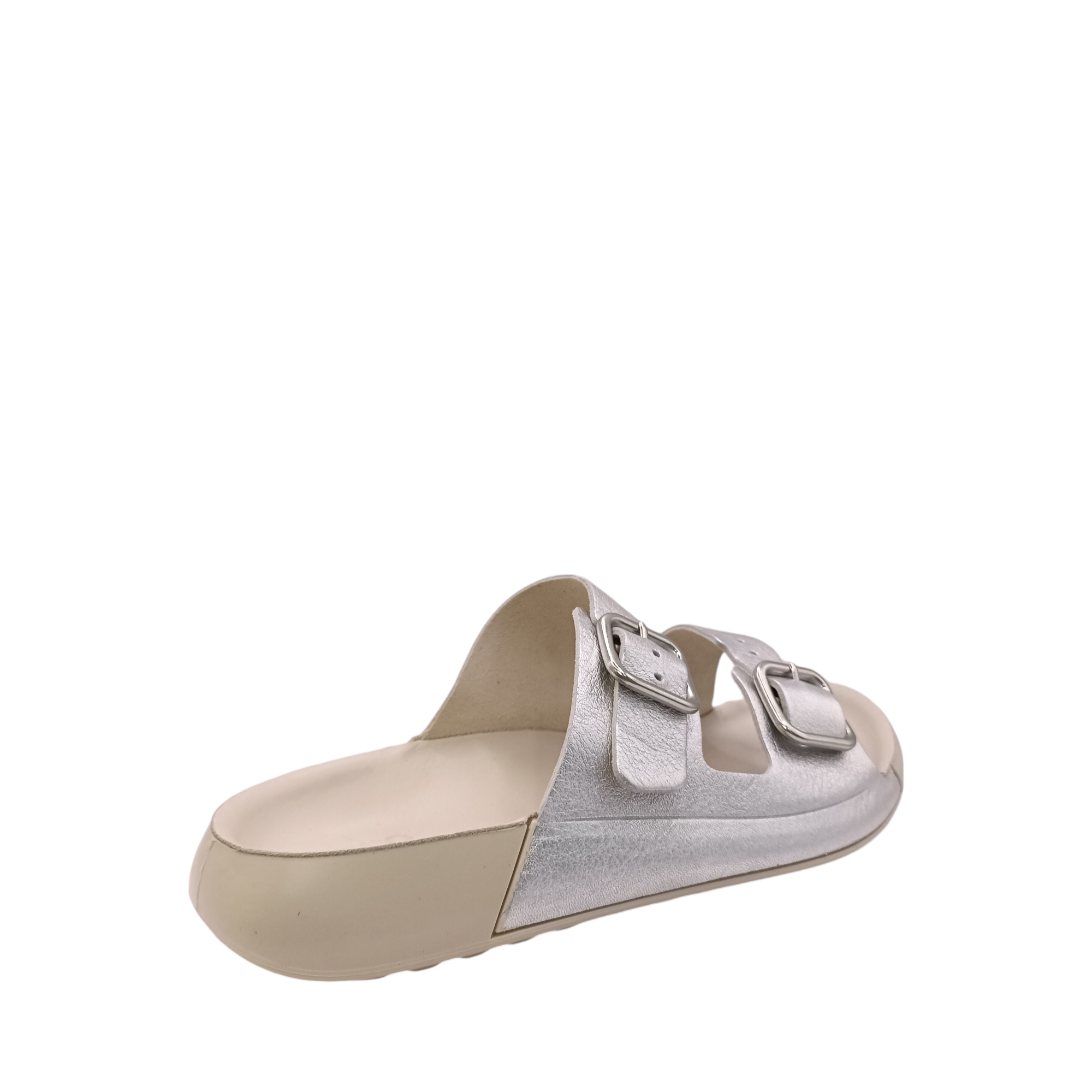 Side view of Cozmo Buckle Slide Womens Ecco. Bone coloured sole and 2 straps over the top of the foot in a soft silver leather. Adjustable two-strap slide sandal perfect for summer. Shop Womens summer slides and sandals online and in-store with shoe&amp;me Mount Maunganui NZ