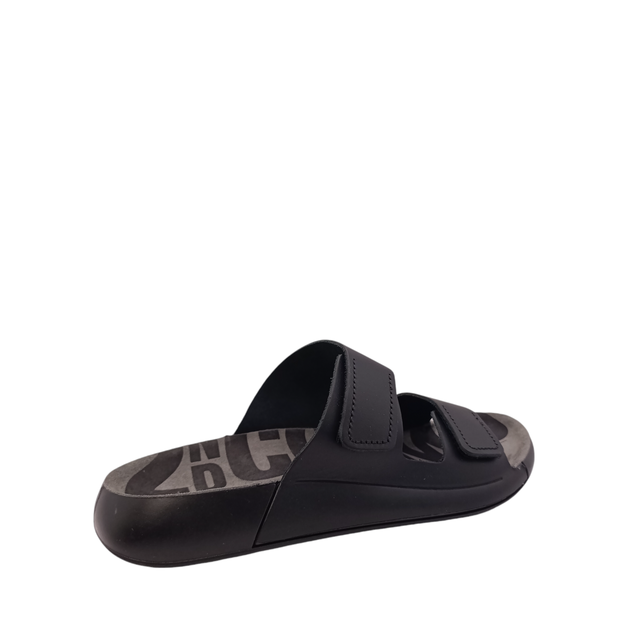 Sole of Cozmo Womens Ecco Slide. Matte black coloured leather upper with a black coloured sole. Velcro adjustable two-strap slide. Shop Womens summer slides and sandals online and in-store with shoe&me Mount Maunganui NZ