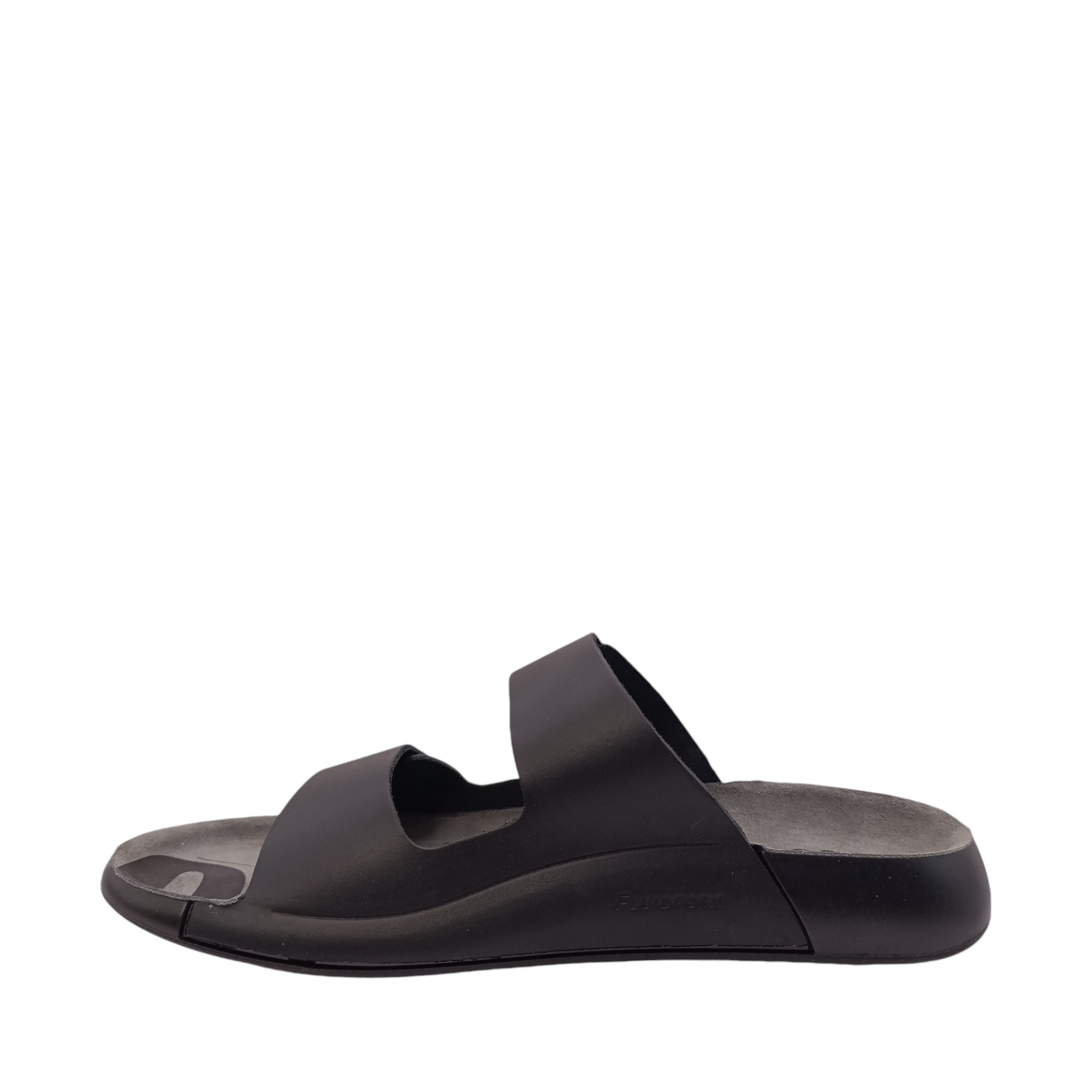 Side view of Cozmo Womens Ecco Slide. Matte black coloured leather upper with a black coloured sole. Velcro adjustable two-strap slide. Shop Womens summer slides and sandals online and in-store with shoe&me Mount Maunganui NZ