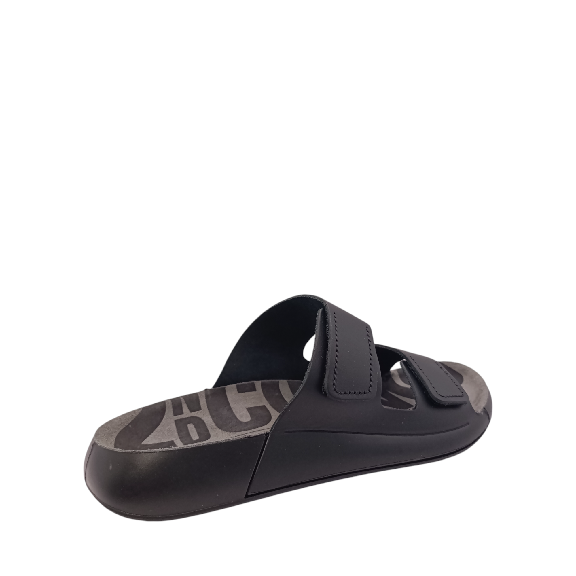 Side angled view of Cozmo Womens Ecco Slide. Matte black coloured leather upper with a black coloured sole. Velcro adjustable two-strap slide. Shop Womens summer slides and sandals online and in-store with shoe&me Mount Maunganui NZ