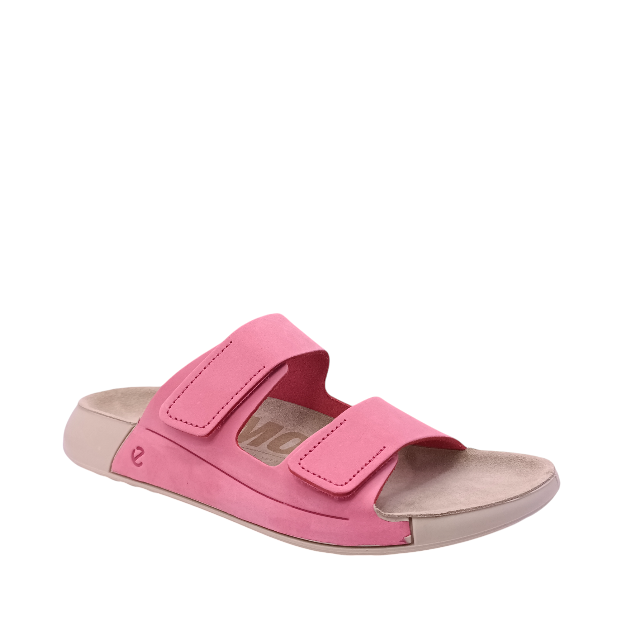 Side angled view of Cozmo Womens Ecco Slide. Bubblegum pink coloured leather upper with a bone coloured sole. Velcro adjustable two-strap slide. Shop Womens summer slides and sandals online and in-store with shoe&me Mount Maunganui NZ