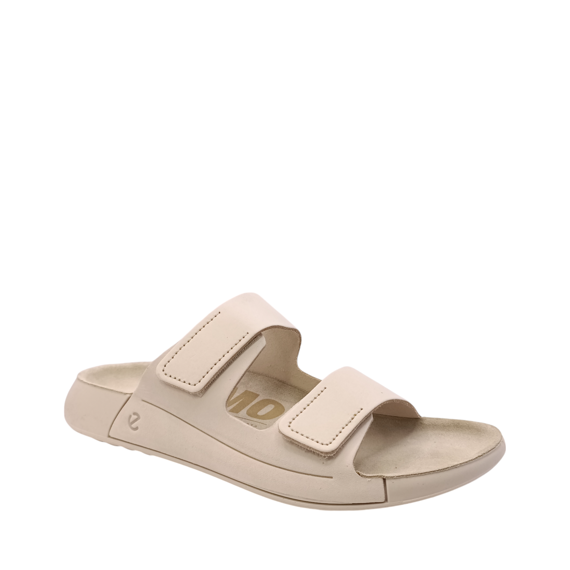 Side view of Cozmo Womens Ecco Slide. Light Beige coloured sole, limestone coloured leather upper. Velcro adjustable two-strap slide. Shop Womens summer slides and sandals online and in-store with shoe&me Mount Maunganui NZ