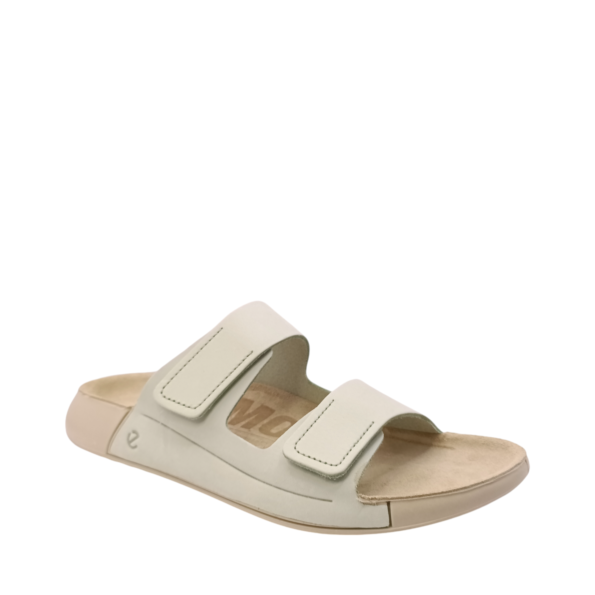 Side front view of Cozmo Womens Ecco Slide. Bone coloured sole and a Matcha coloured, pale green Velcro adjustable two-strap slide. Shop Womens summer slides and sandals online and in-store with shoe&me Mount Maunganui NZ