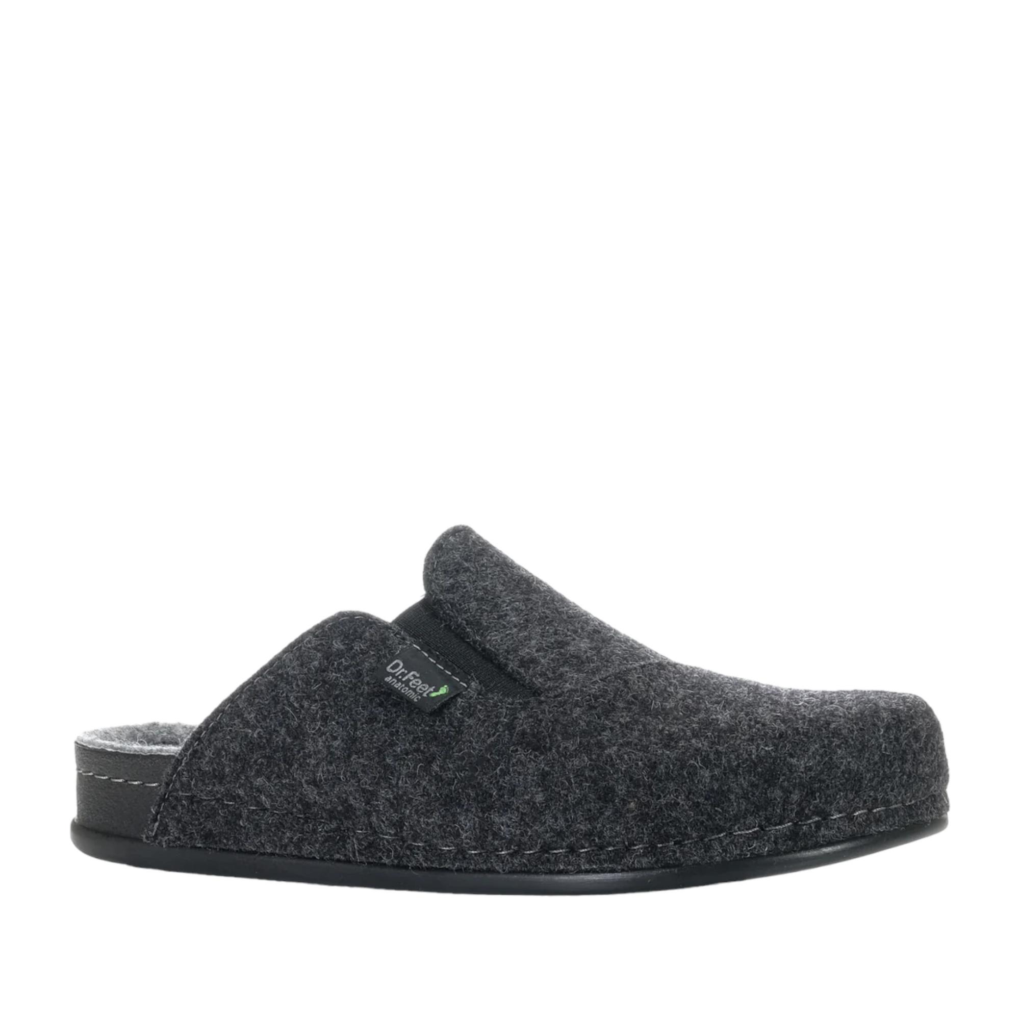 Shop Mens Felt Mule Slippers Online and In-store. Dark Grey felt with light grey inner sole. Slight Gusset on out side of upper. Shop Online and In-Store with shoe&me