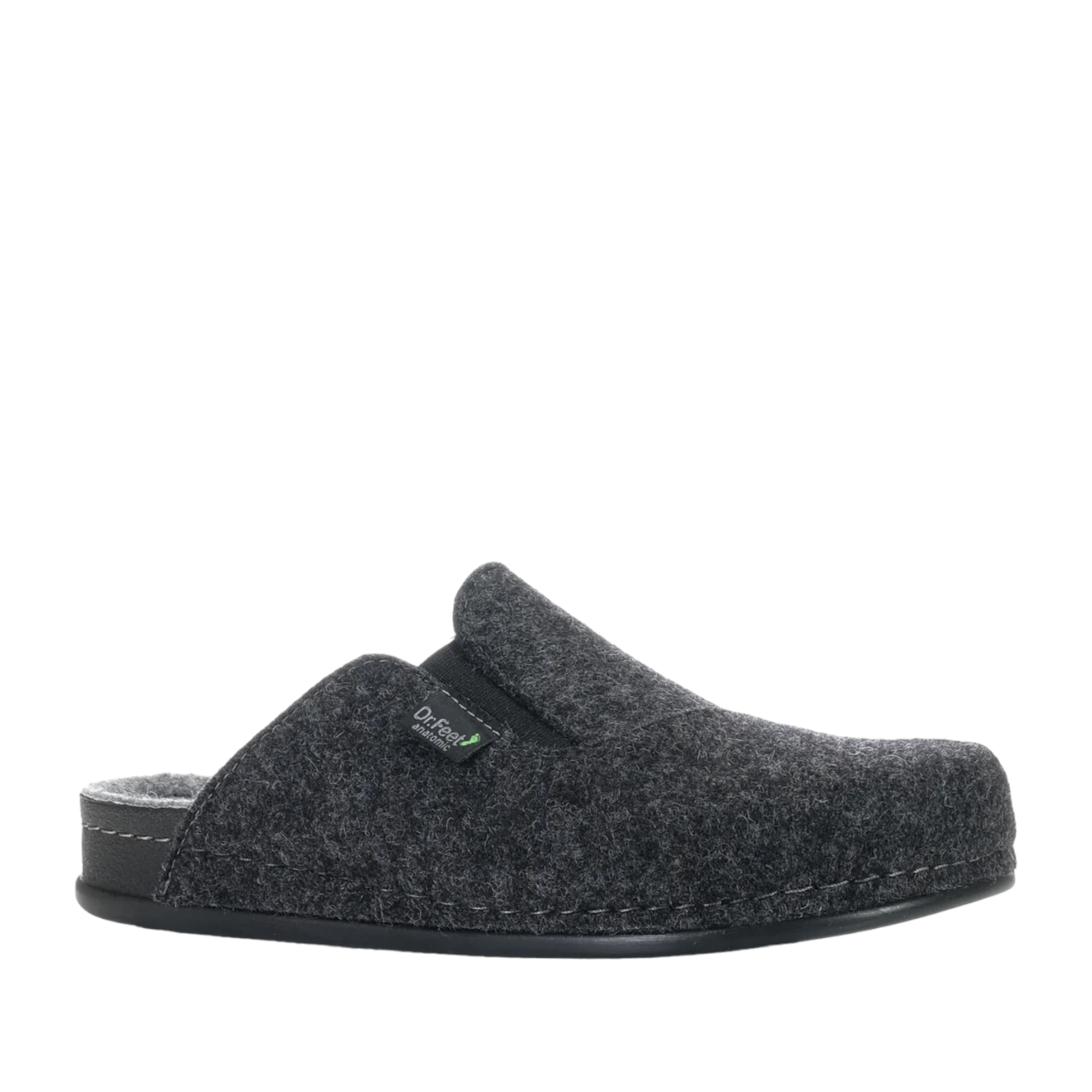 Shop Mens Felt Mule Slippers Online and In-store. Dark Grey felt with light grey inner sole. Slight Gusset on out side of upper. Shop Online and In-Store with shoe&amp;me
