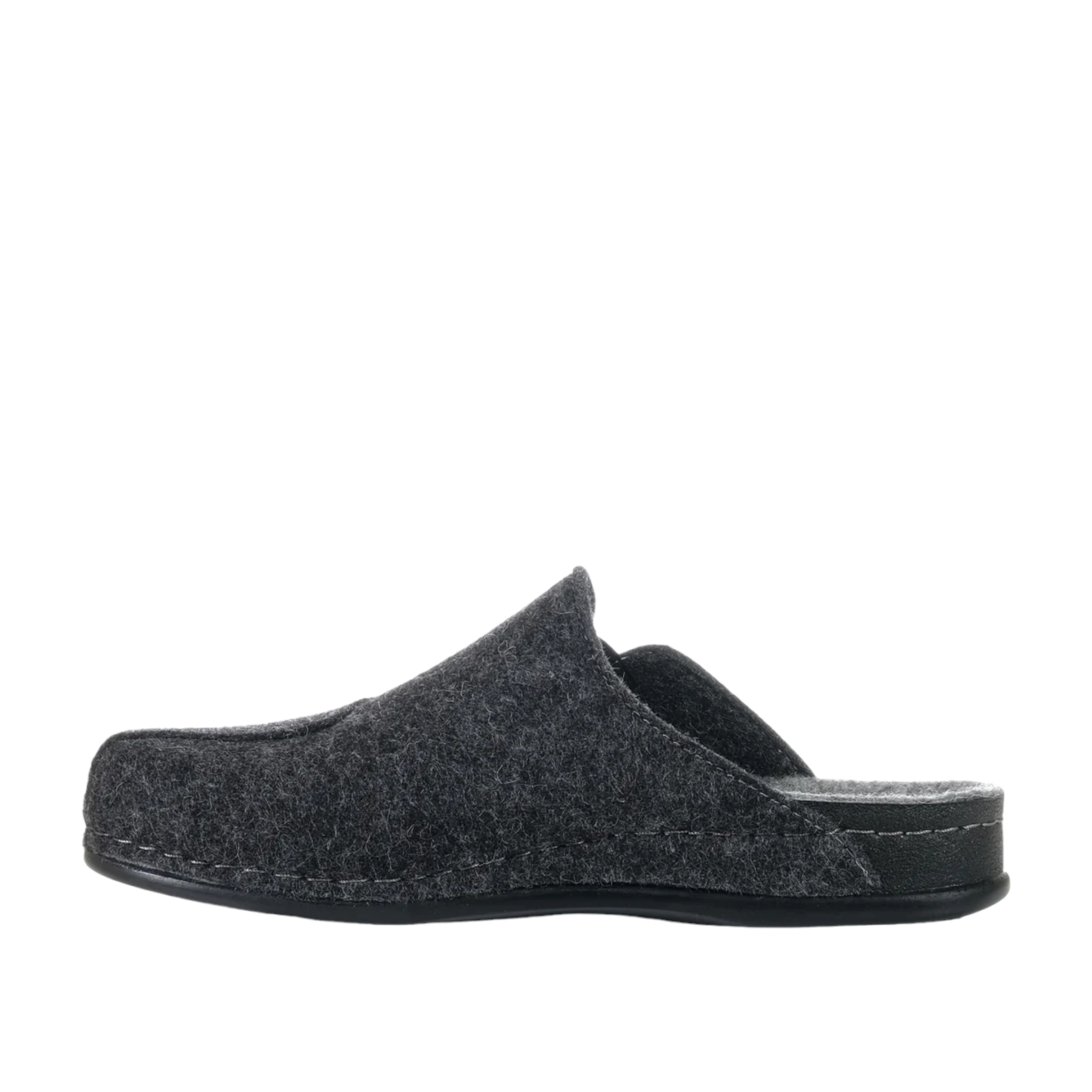 Shop Mens Felt Mule Slippers Online and In-store. Dark Grey felt with light grey inner sole. Slight Gusset on out side of upper. Shop Online and In-Store with shoe&me