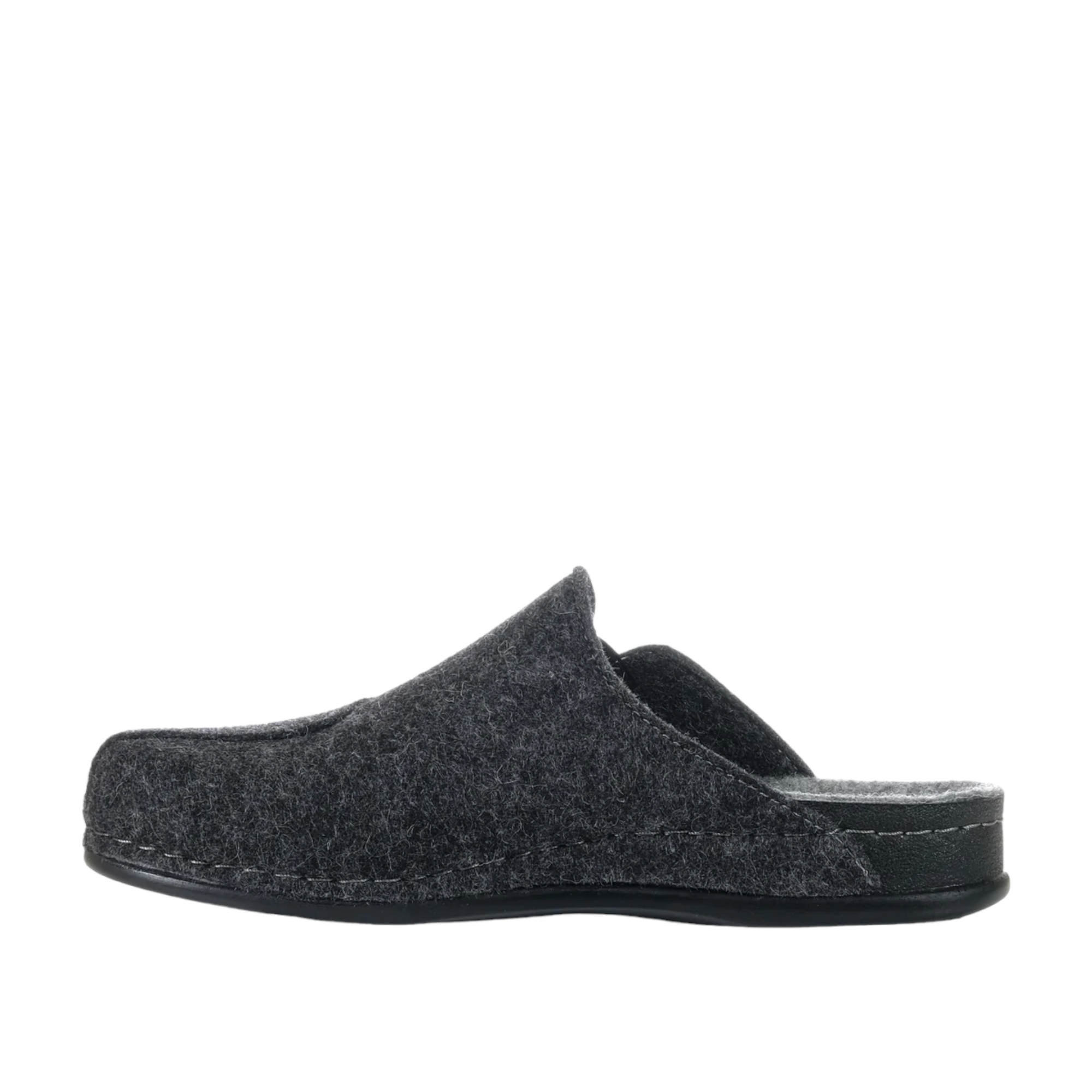 Shop Mens Felt Mule Slippers Online and In-store. Dark Grey felt with light grey inner sole. Slight Gusset on out side of upper. Shop Online and In-Store with shoe&amp;me