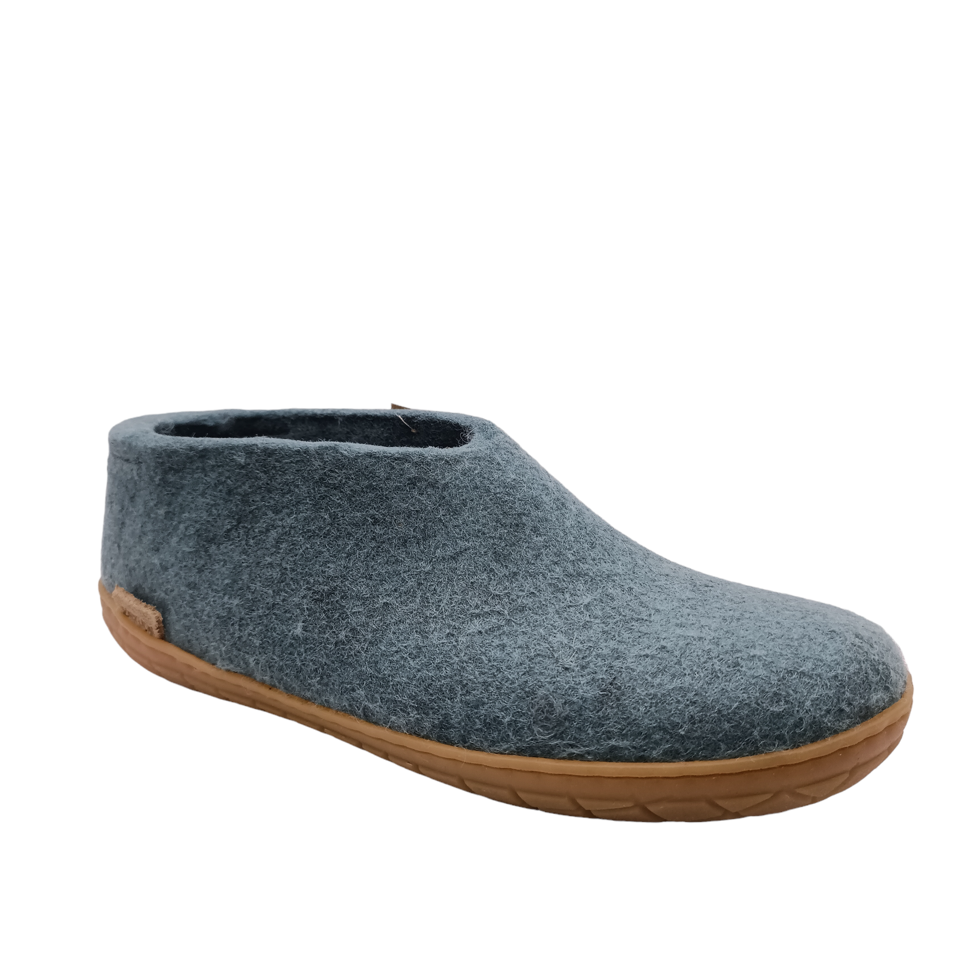 Front side  angle view off north sea coloured felt wool Glerup shoe or slipper with natural rubber sole. Shop slippers online and instore with shoe&amp;me Mount Maunganui.