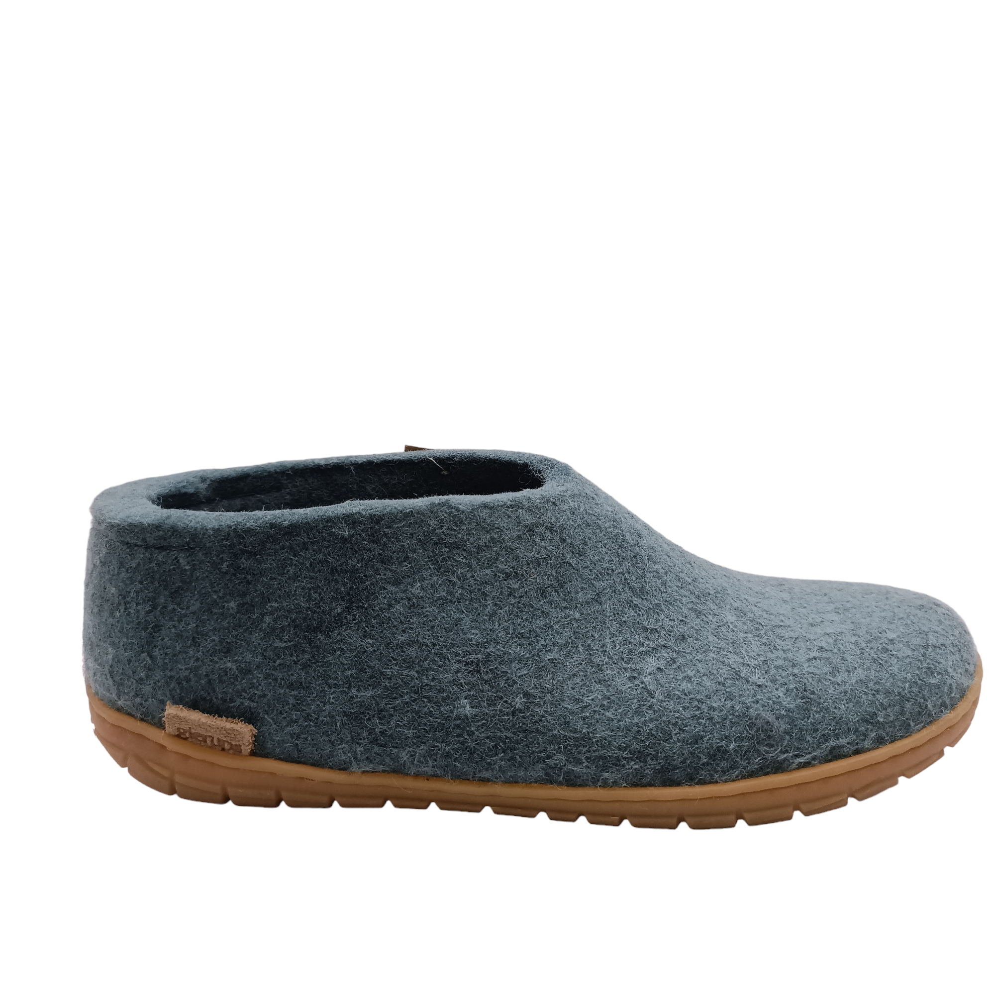 Side view off north sea coloured felt wool Glerup shoe or slipper with natural rubber sole. Shop slippers online and instore with shoe&amp;me Mount Maunganui.